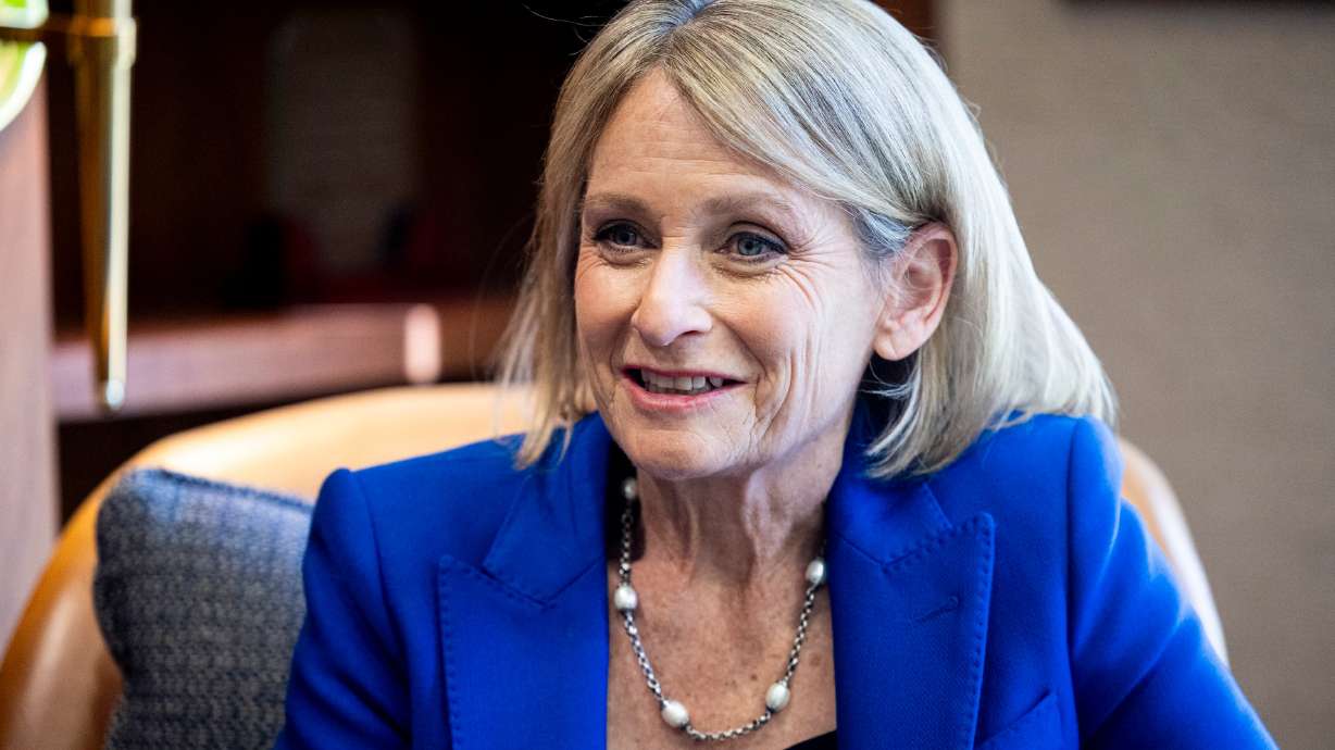 Westminster University President Beth Dobkin speaks during an interview at the university’s campus in Salt Lake City on March 26. Dobkin announced Thursday that she will retire at the end of the 2025-2026 academic year.