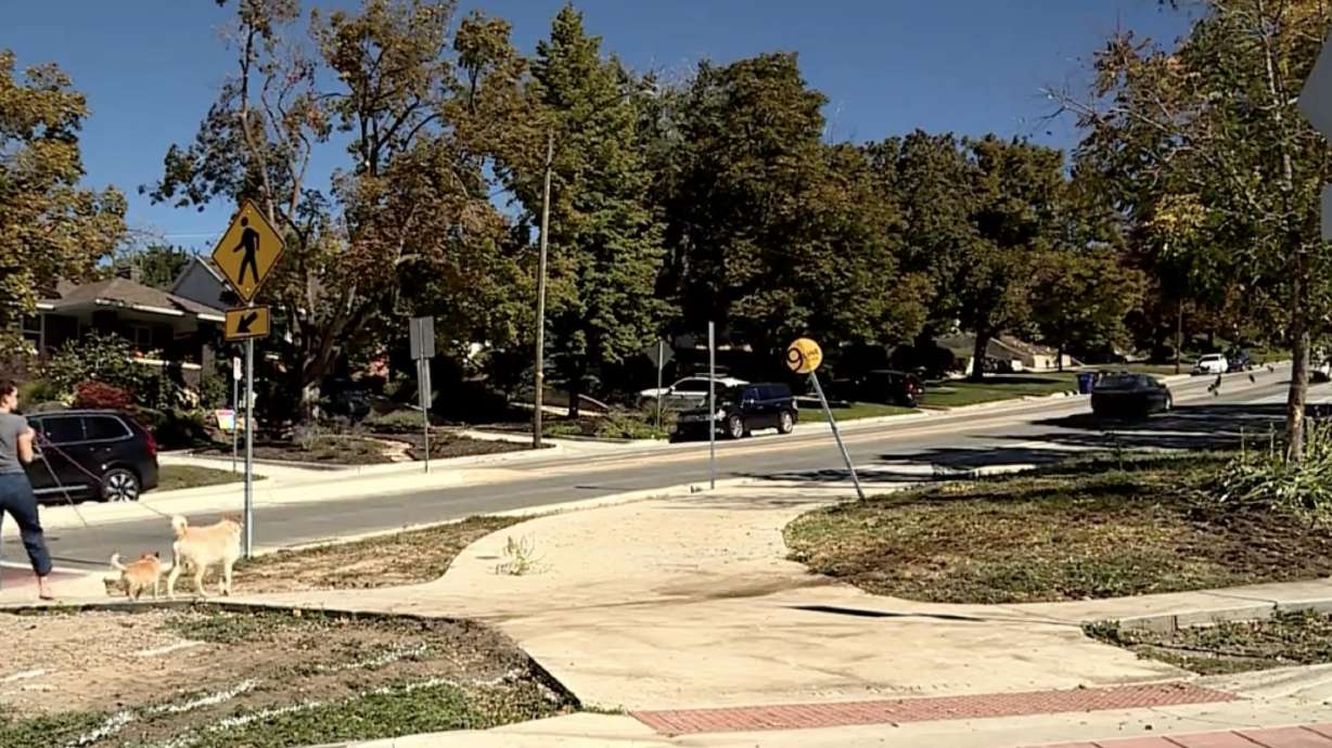 Painted white lines show the path of a vehicle that crashed here at 1100 East and 900 South in Salt Lake City on Oct. 8, 2023. The driver admitted responsibility for the death of his passenger by pleading guilty to manslaughter on Aug. 29.