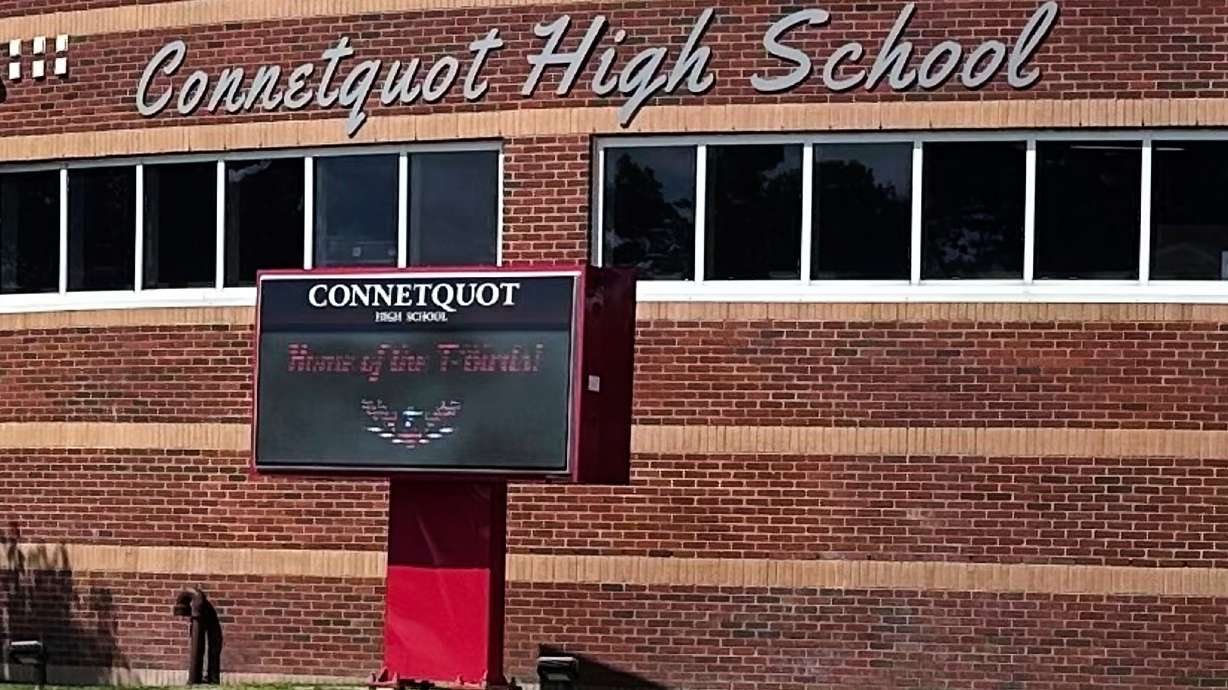 An electronic display shows the new mascot name, T-Birds, outside Connetquot High School in Bohemia, N.Y., Thursday, Sept. 4, 2025.