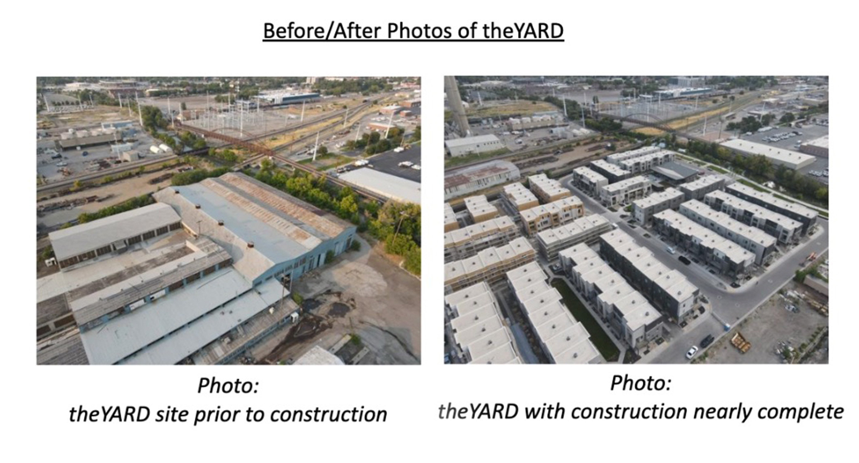 What the TheYard looked like before construction compared to mid-construction. The site was once home to the Mark Steel Company before becoming a townhome complex.