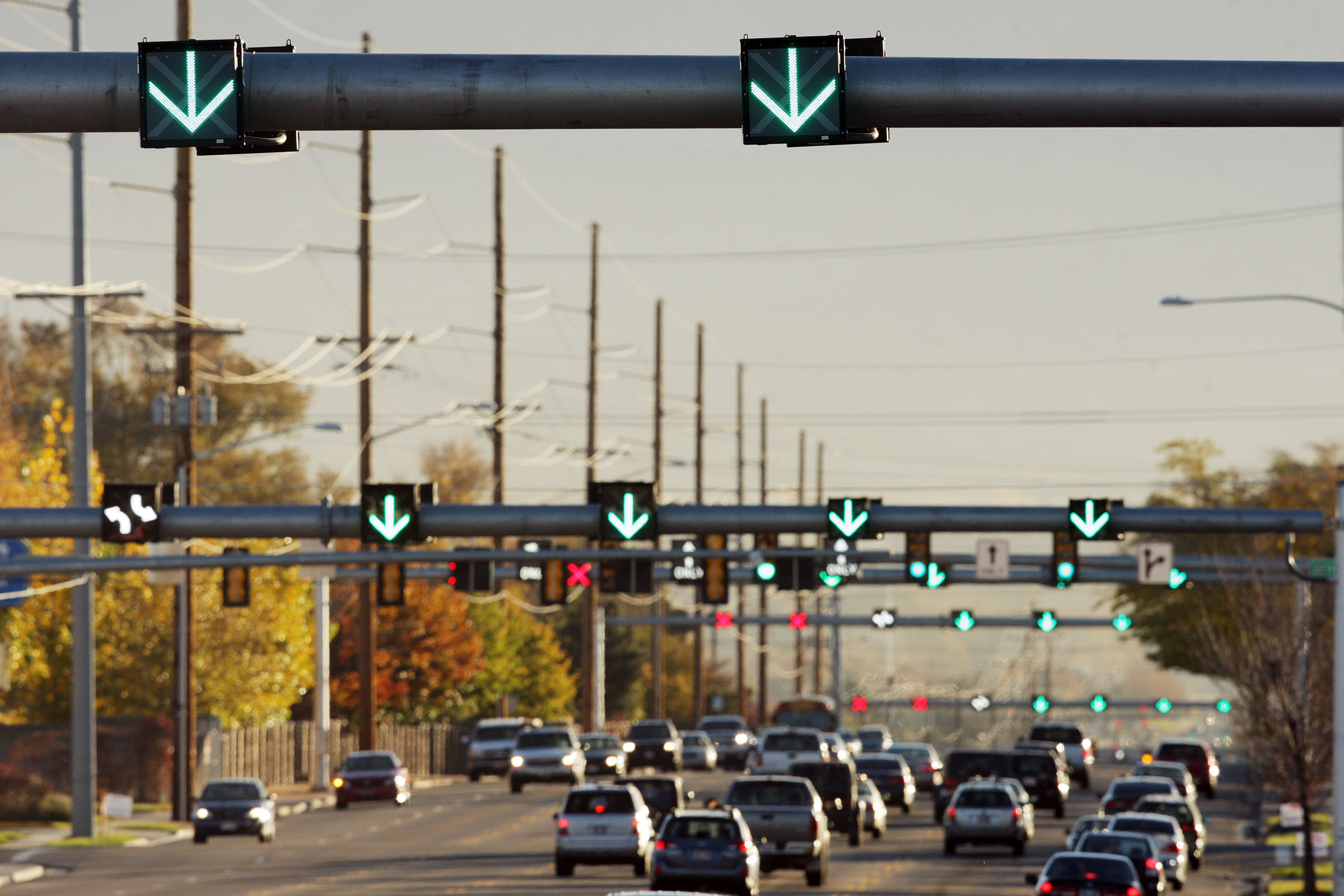Cars drive on a flex lane system on 5400 South between Redwood Road and Bangerter Highway in Salt Lake County in 2012. UDOT is expanding Pioneer Crossing to include flex lanes with a project that starts Monday. 