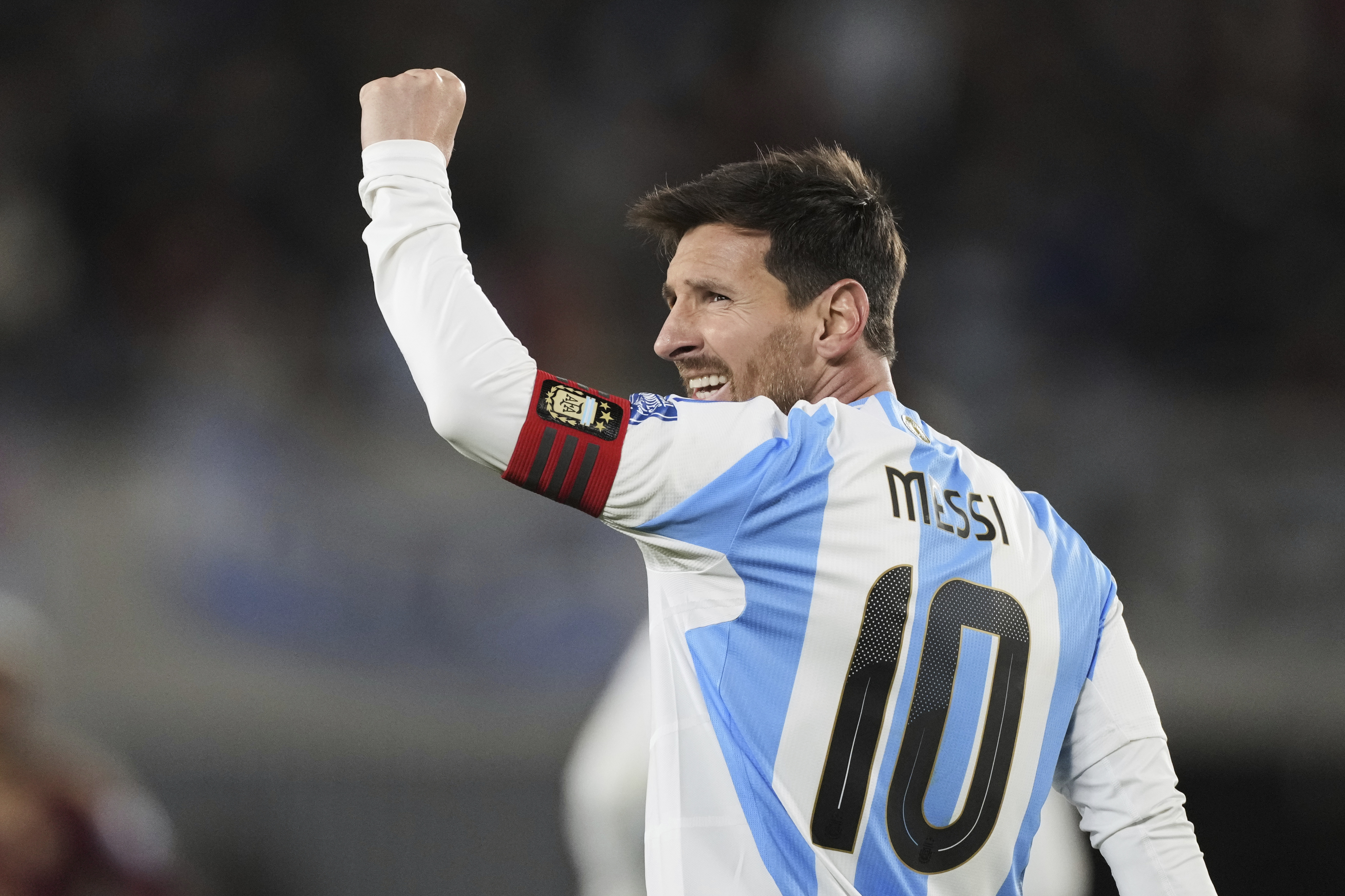 Argentina's Lionel Messi celebrates scoring his side's third goal against Venezuela during a World Cup 2026 qualifying soccer match at the Monumental stadium in Buenos Aires, Argentina, Thursday, Sept. 4, 2025. 
