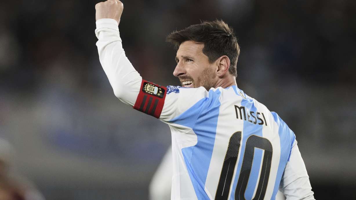 Argentina's Lionel Messi celebrates scoring his side's third goal against Venezuela during a World Cup 2026 qualifying soccer match at the Monumental stadium in Buenos Aires, Argentina, Thursday, Sept. 4, 2025.