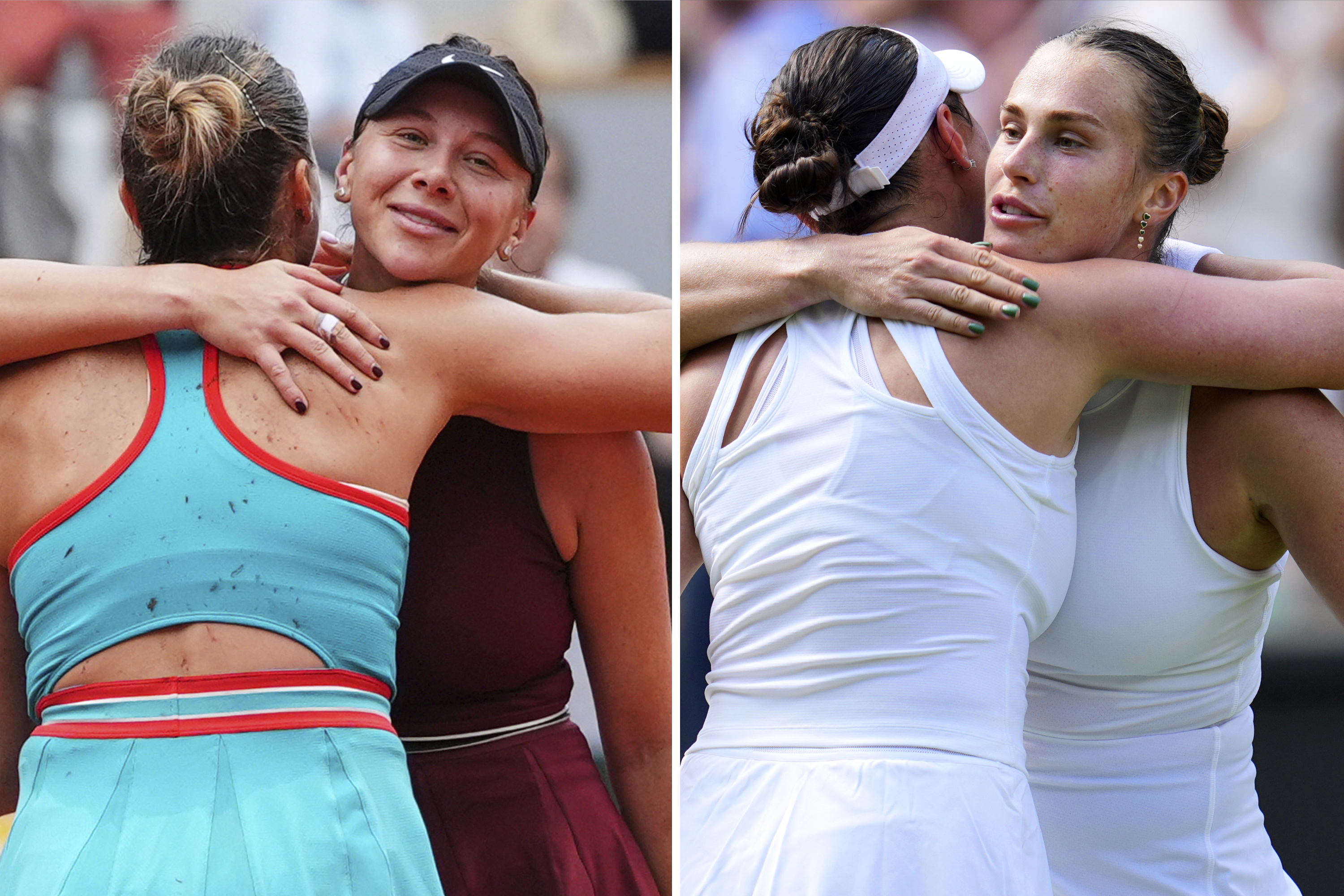 FILE - This combo of file photos shows, left image, United States' Amanda Anisimova, facing camera, embracing Belarus' Aryna Sabalenka after losing at the the French Open tennis tournament on June 1 2025, in Paris; and right image, Sabalenka, facing camera, embracing Anisimova after losing in a semifinal match at the Wimbledon Tennis Championships on July 10, 2025, in London.