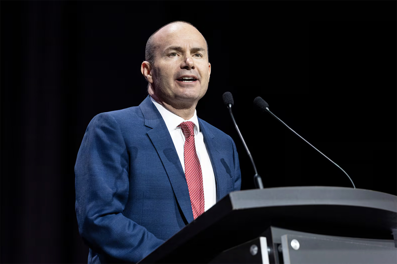 Sen. Mike Lee, R-Utah, speaks during the Utah Republican Party’s state organizing convention held at the UCCU Center in Orem on May 17.