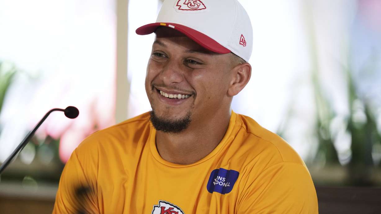 Kansas City Chiefs quarterback Patrick Mahomes speaks during a press conference ahead of a NFL football game against Los Angeles Chargers in Sao Paulo, Brazil, Thursday, Sept. 4, 2025.