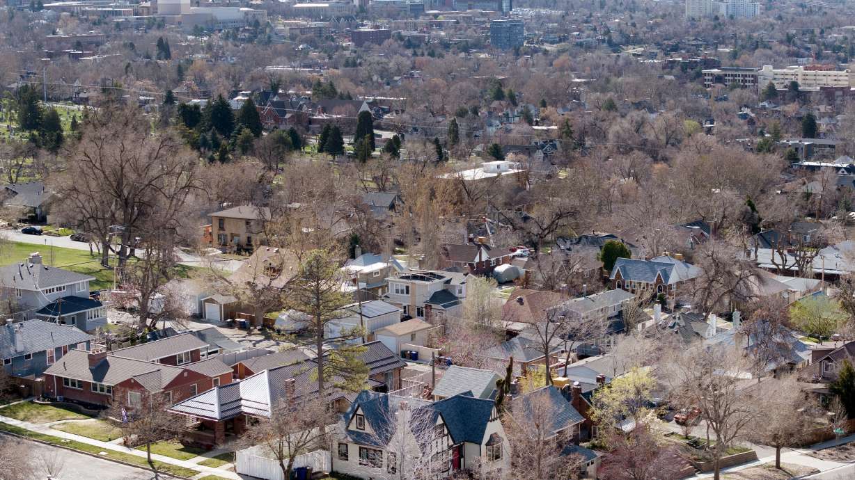 Homes in Salt Lake City's Avenues neighborhood are pictured on March 27. Utah's capital city is considering a measure that would essentially revert to its original definition of family housing requirements as it seeks to address its housing challenges.