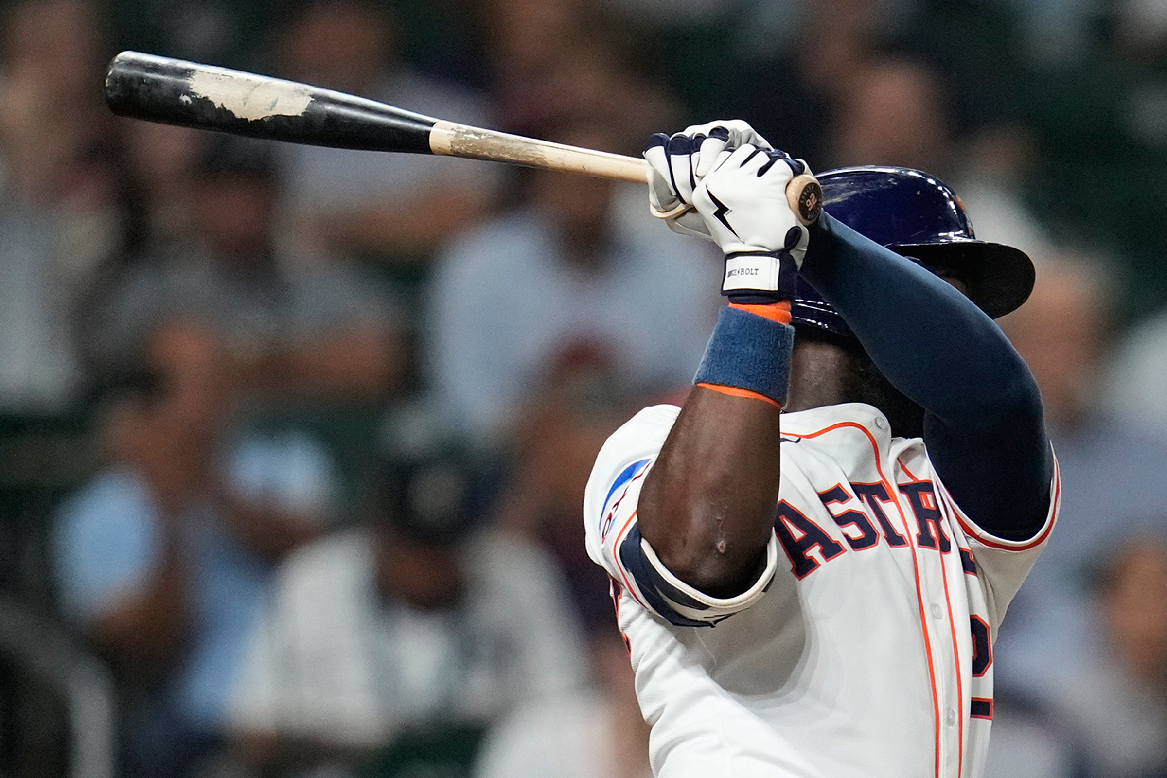 Houston Astros' Taylor Trammell hits a double off of New York Yankees relief pitcher David Bednar during the ninth inning of a baseball game Thursday, Sept. 4, 2025, in Houston.