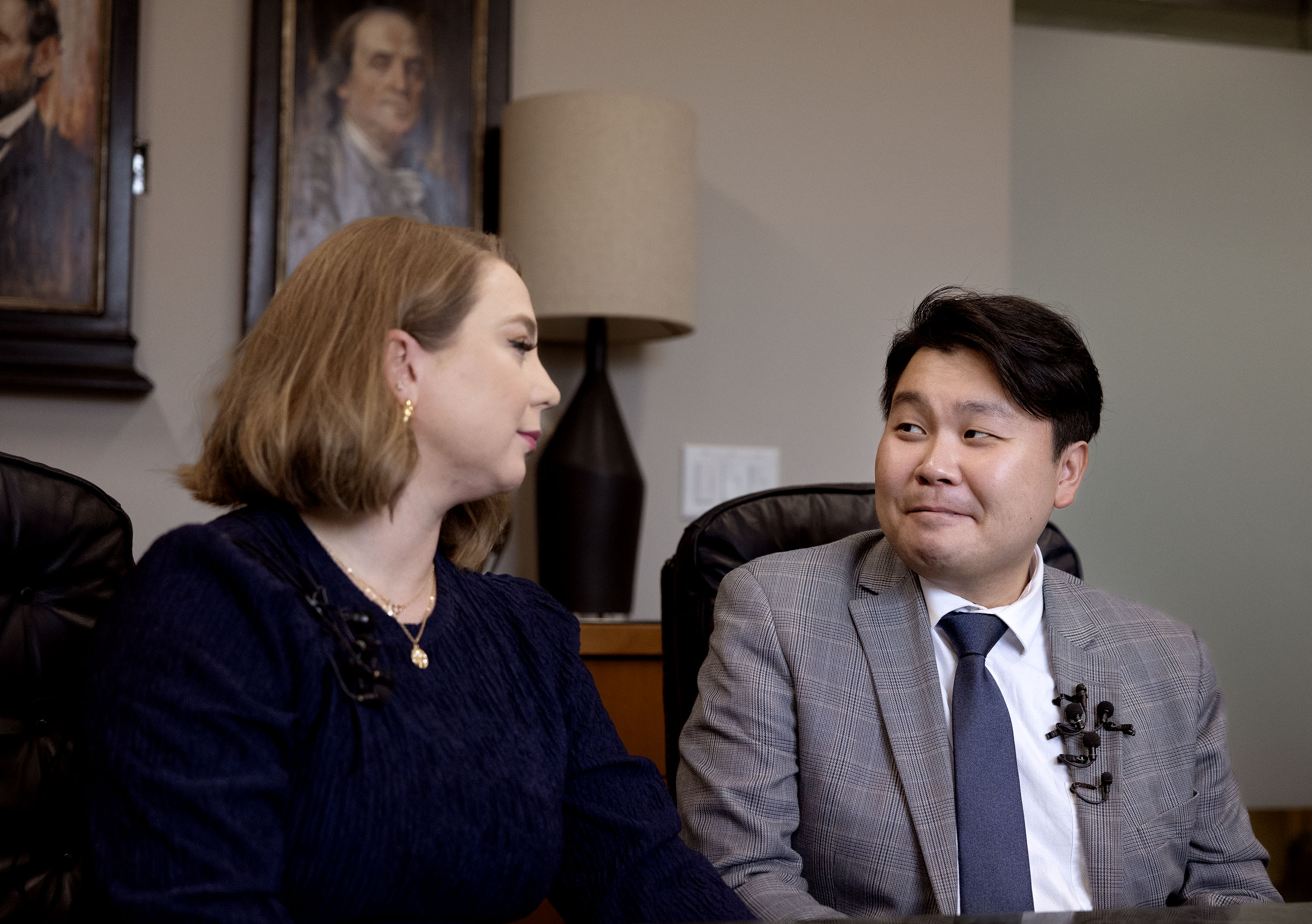 DaNae Snow and her husband, John Shin, speak at a press conference at the law office of Adam Crayk in Millcreek on Friday. Shin spoke about his  detainment at an immigration detention facility in Aurora, Colo.