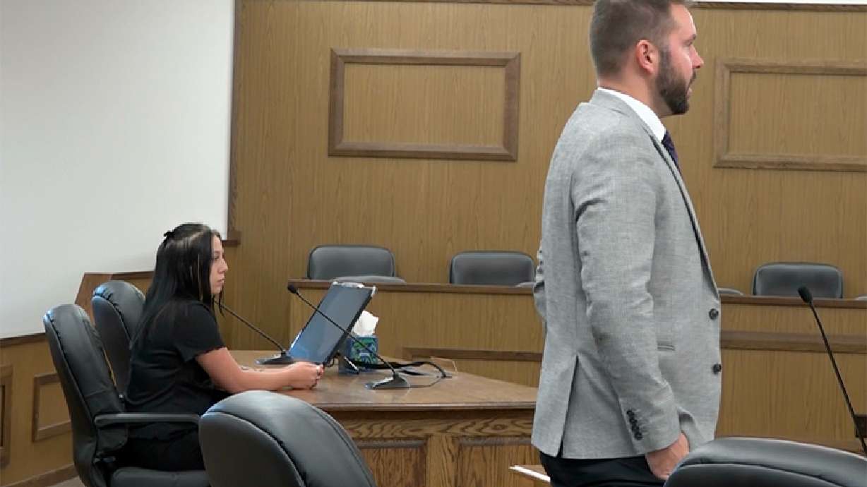 Angel Newberry and Bingham County prosecutor Ryan Jolley during a sentencing hearing Thursday.