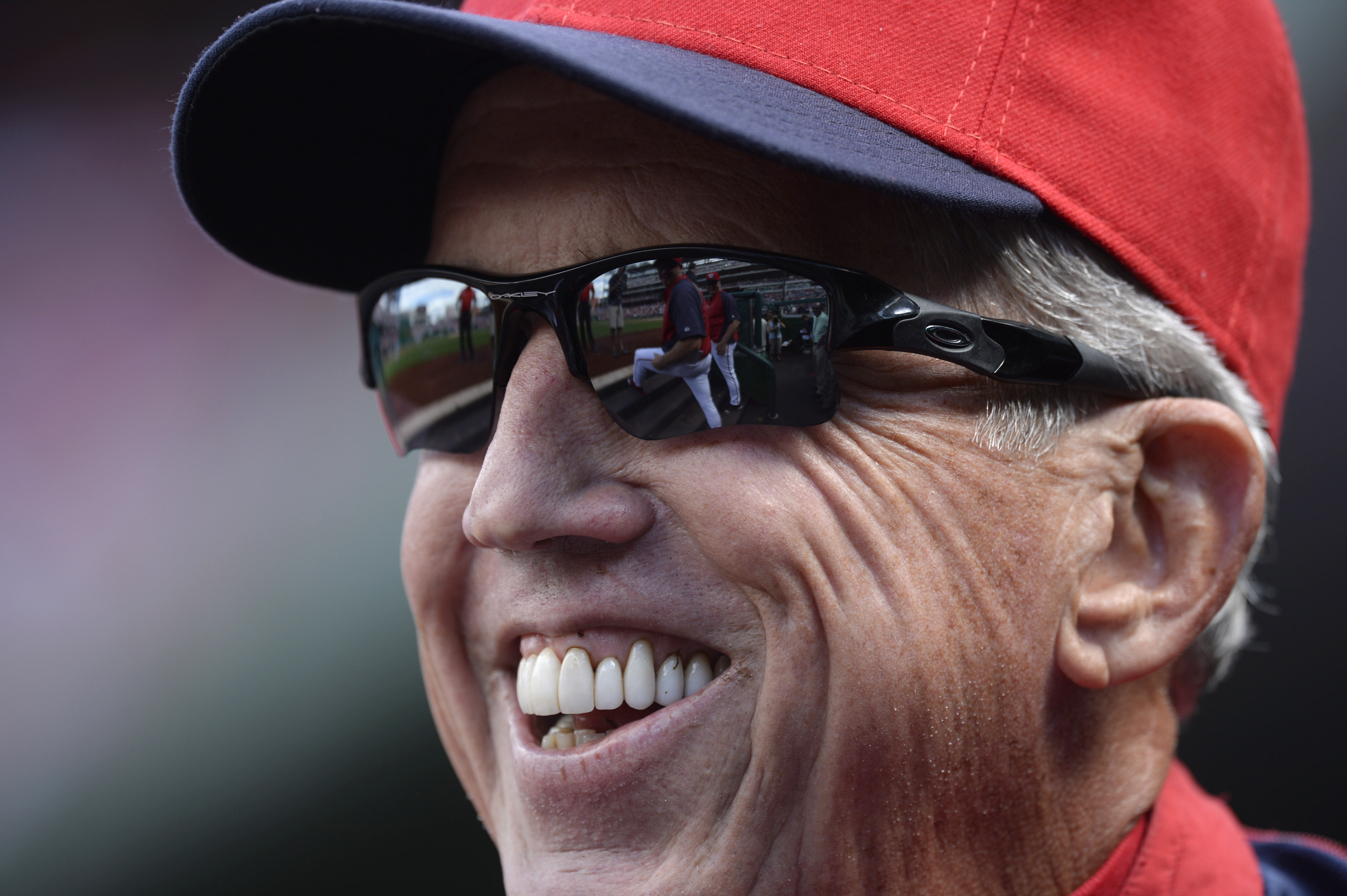 FILE - Washington National manager Davey Johnson laughs before a baseball game against the Miami Marlins at Nationals Park in Washington, Sunday, Sept. 22, 2013. 