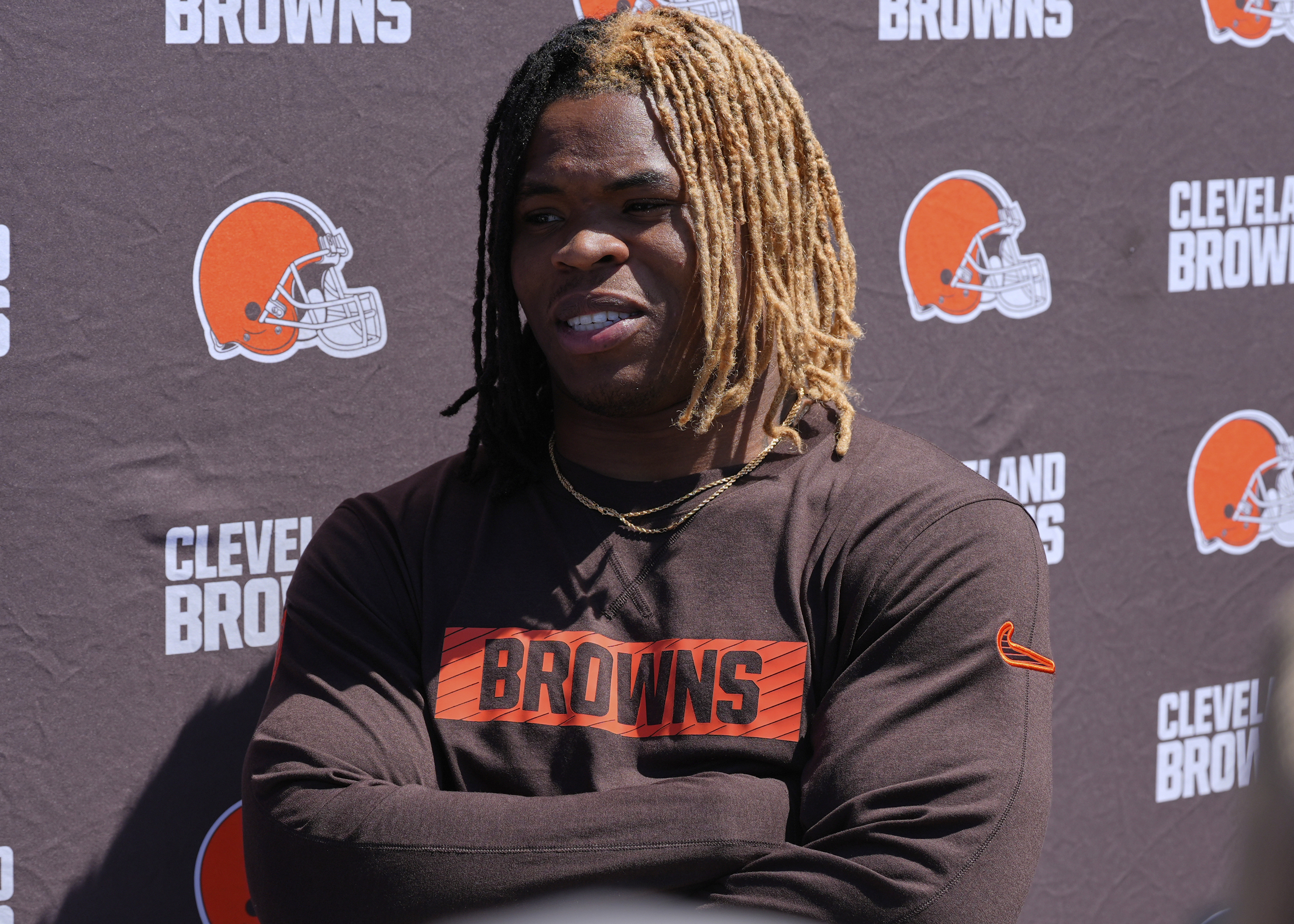 FILE - Cleveland Browns running back Quinshon Judkins speaks during a news conference at the NFL football team's rookie minicamp in Berea, Ohio, Friday, May 9, 2025. 