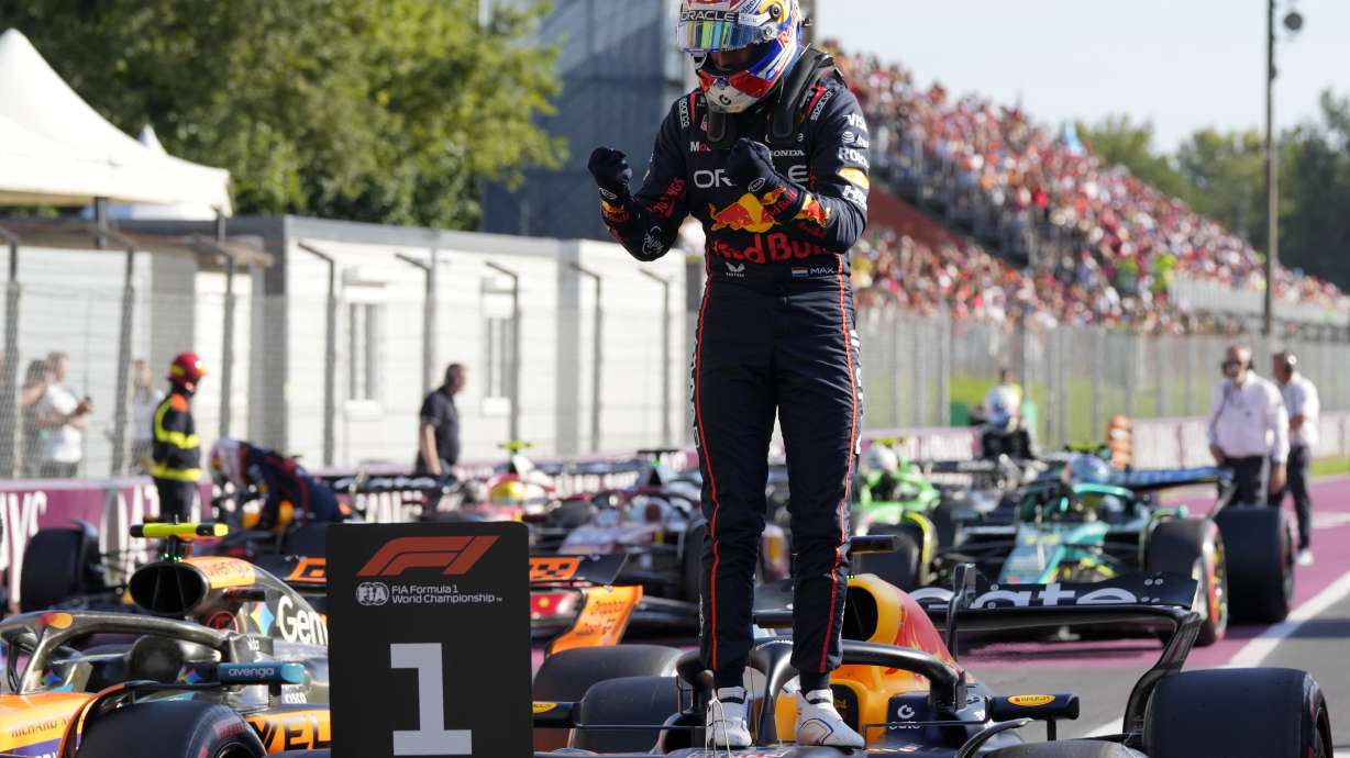 Red Bull driver Max Verstappen of the Netherlands celebrates his pole position after the qualifying session ahead of the Italian Grand Prix at the Monza racetrack in Monza, Italy, Saturday, Sept. 6, 2025.