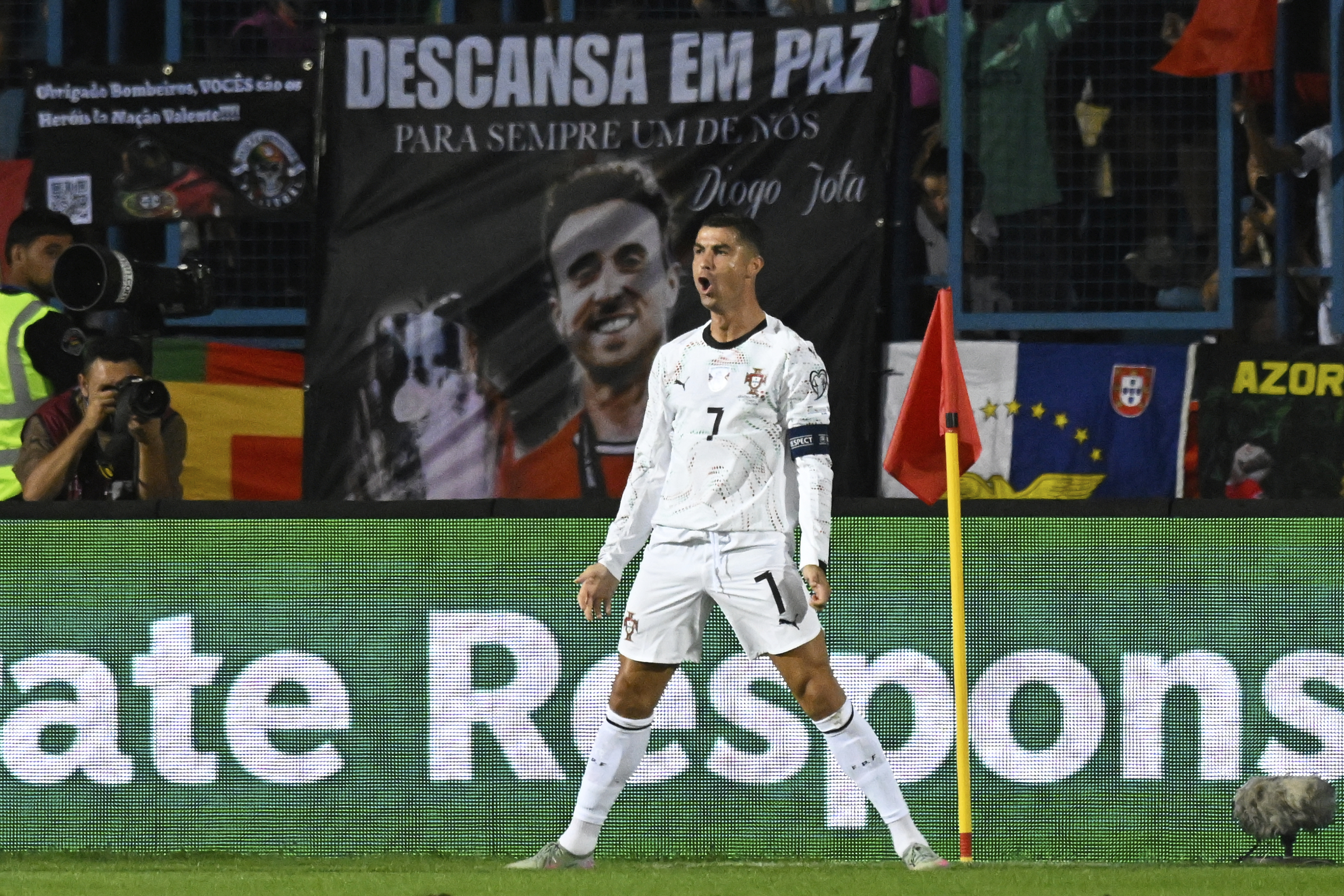 Portugal's Cristiano Ronaldo celebrates after scoring his side's second goal during a World Cup 2026 group F qualifying soccer match between Armenia and Portugal at the Vazgen Sargsyan stadium in Yerevan, Armenia, Saturday, Sept. 6, 2025. 