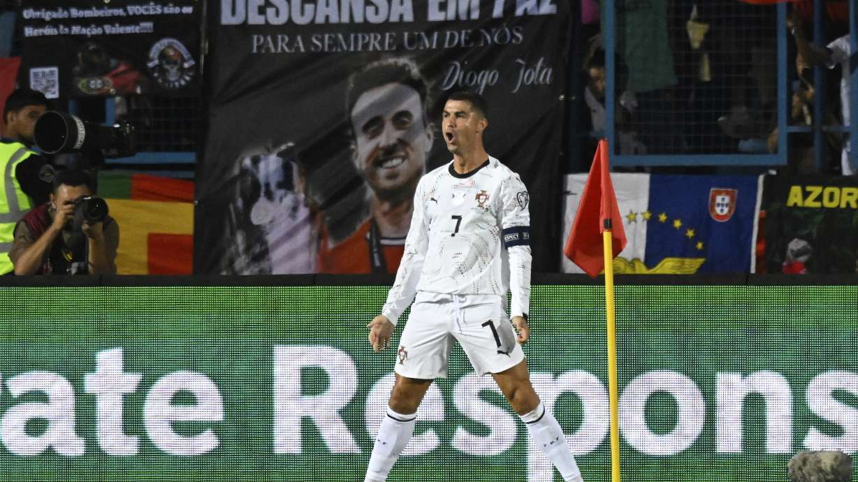 Portugal's Cristiano Ronaldo celebrates after scoring his side's second goal during a World Cup 2026 group F qualifying soccer match between Armenia and Portugal at the Vazgen Sargsyan stadium in Yerevan, Armenia, Saturday, Sept. 6, 2025.