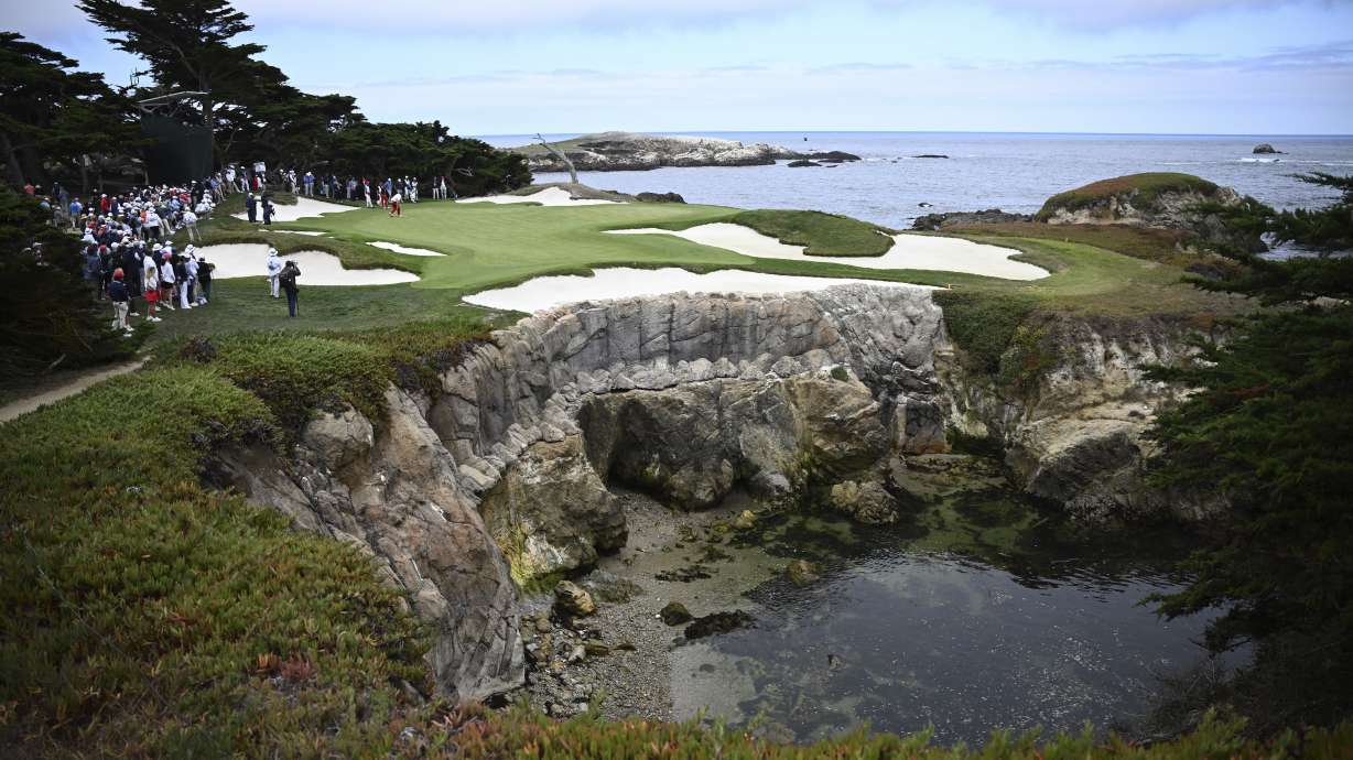 The 15th green is shown as The USA team plays the Great Britain and Ireland team during Walker Cup golf matches at Cypress Point Club on Saturday, Sept. 6, 2025, in Pebble Beach, Calif.