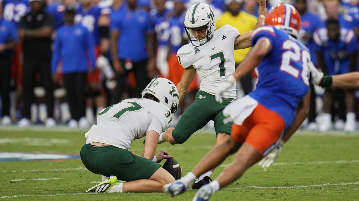 South Florida place kicker Nico Gramatica kicks a field goal against Florida during the first half of an NCAA college football game, Saturday, Sept. 6, 2025, in Gainesville, Fla.