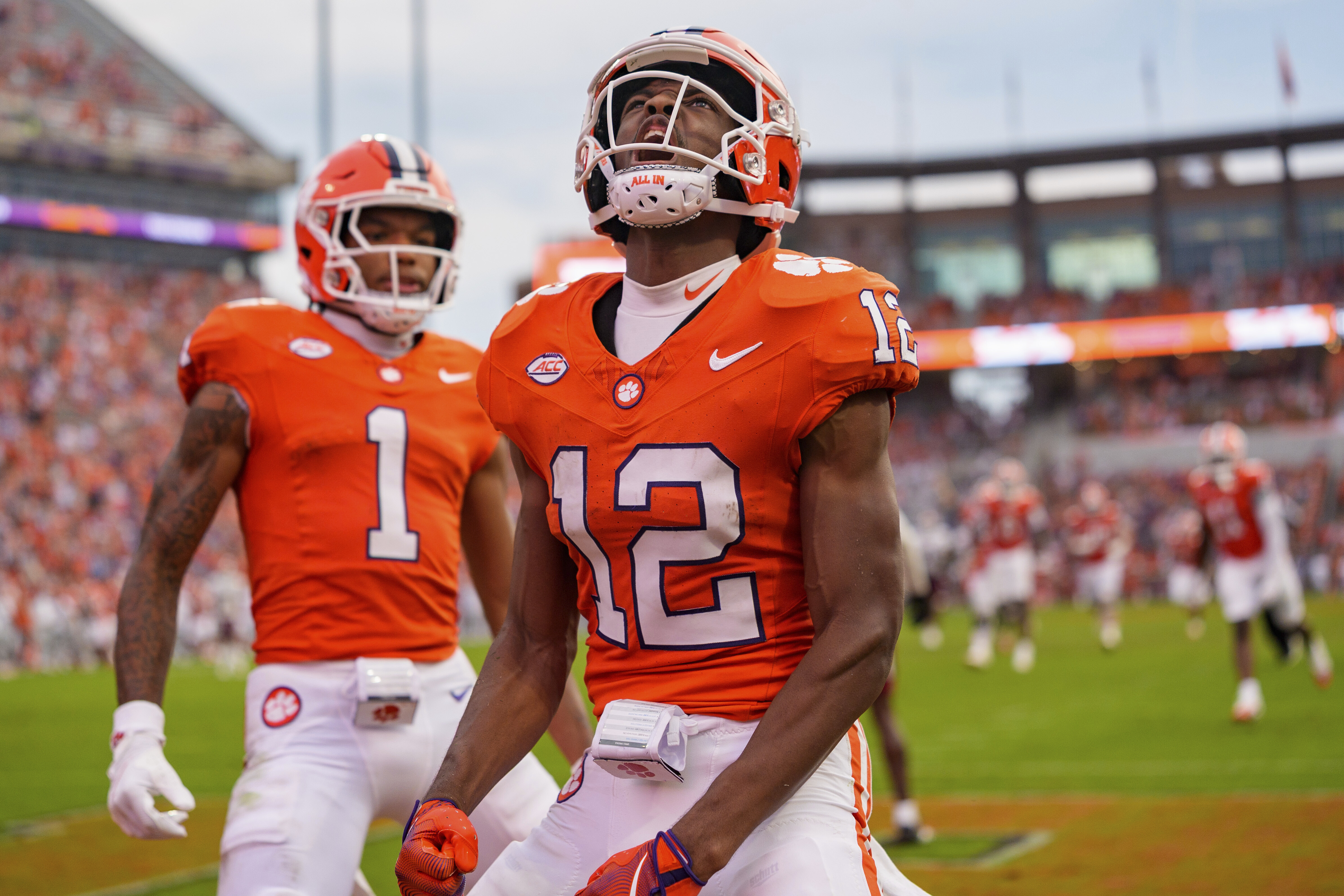 Clemson wide receiver Bryant Wesco Jr. (12) celebrates in the second half of an NCAA college football game against Troy, Saturday, Sept. 6, 2025, in Clemson, S.C.