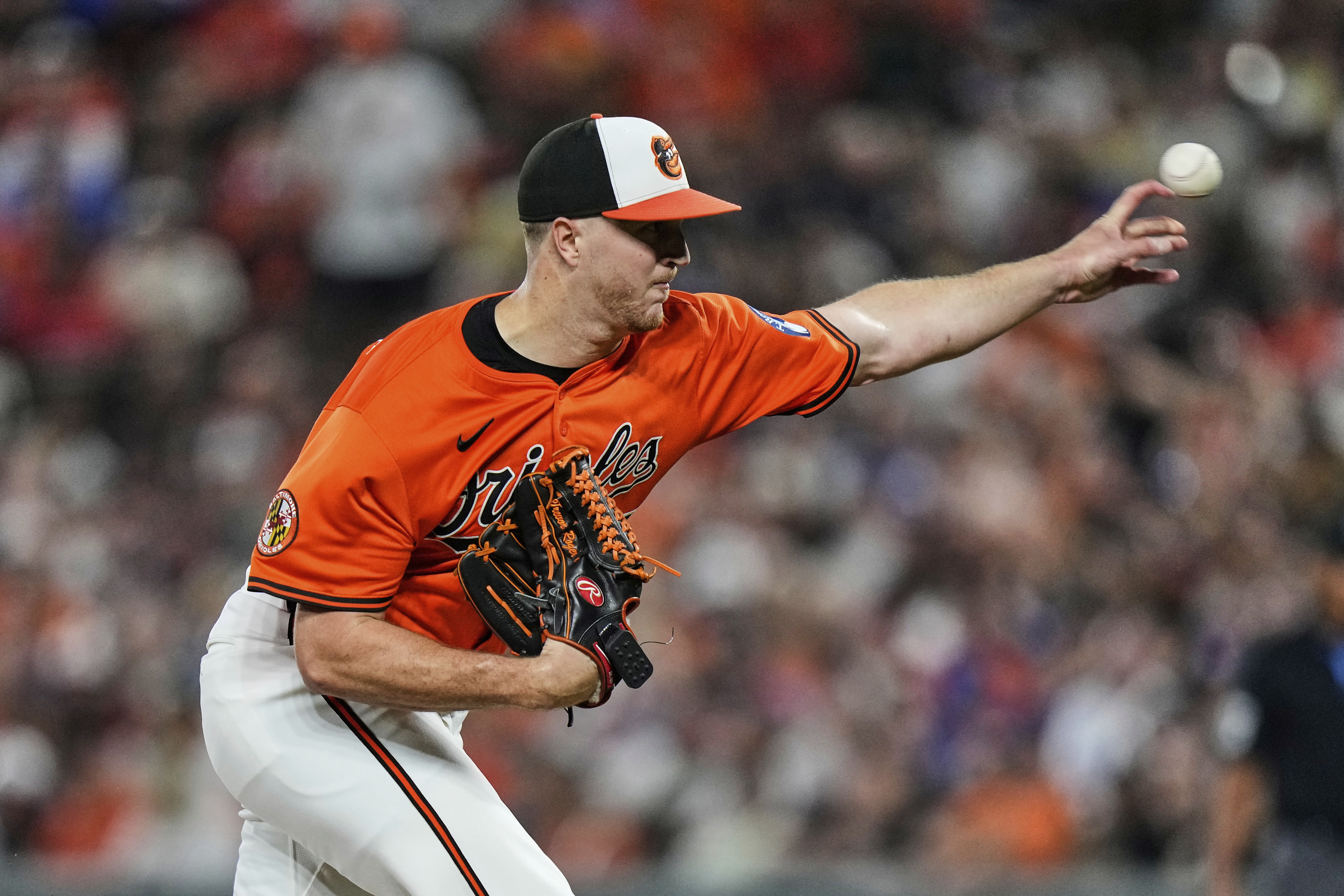 Baltimore Orioles starting pitcher Trevor Rogers delivers during the second inning of a baseball game against the Los Angeles Dodgers, Saturday, Sept. 6, 2025, in Baltimore. 