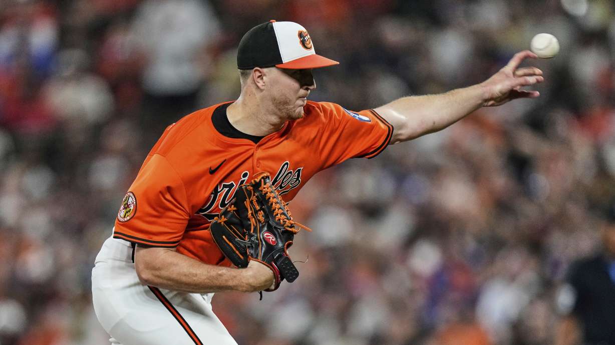 Baltimore Orioles starting pitcher Trevor Rogers delivers during the second inning of a baseball game against the Los Angeles Dodgers, Saturday, Sept. 6, 2025, in Baltimore.