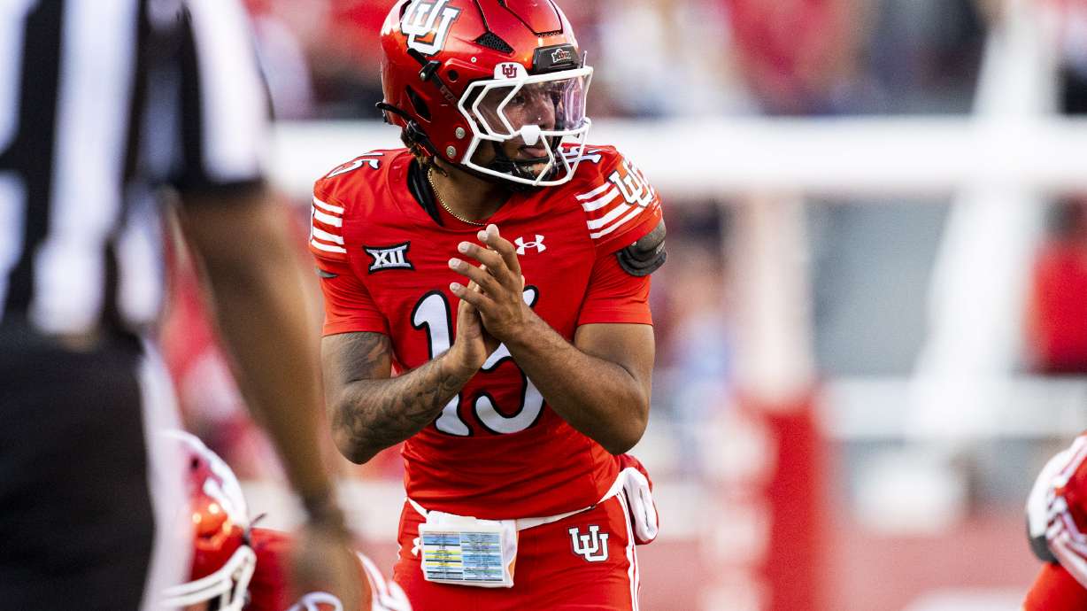 Utah Utes quarterback Byrd Ficklin (15) claps to begin a play during an NCAA football game between the University of Utah Utes and the California Polytechnic State University Mustangs held at Rice-Eccles Stadium in Salt Lake City on Saturday, Sept. 6, 2025.