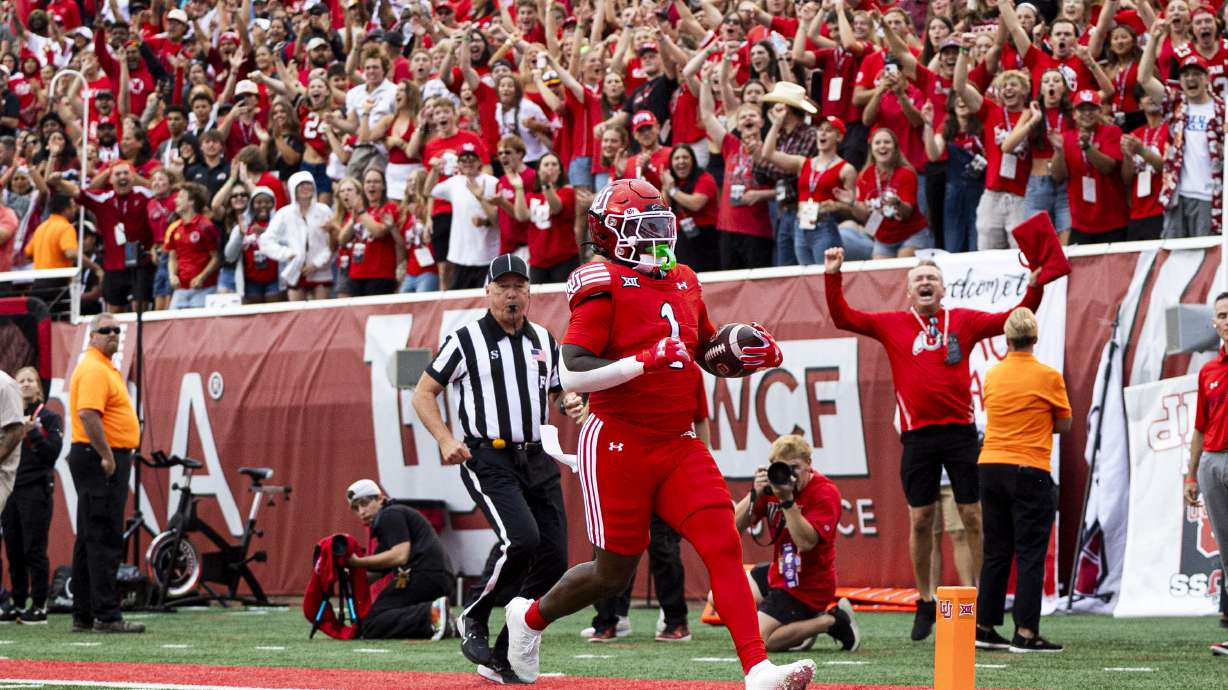 Utah Utes running back Wayshawn Parker (1) runs into the end zone for a touchdown during an NCAA football game between the University of Utah Utes and the California Polytechnic State University Mustangs held at Rice-Eccles Stadium in Salt Lake City on Saturday, Sept. 6, 2025.