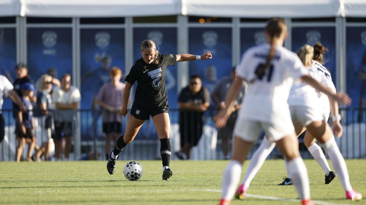 BYU freshman Mia Goettsche tallied her first career brace in a 2-0 win over in-state rival Utah State, Saturday, Sept. 6, 2025 at South Field in Provo, Utah.