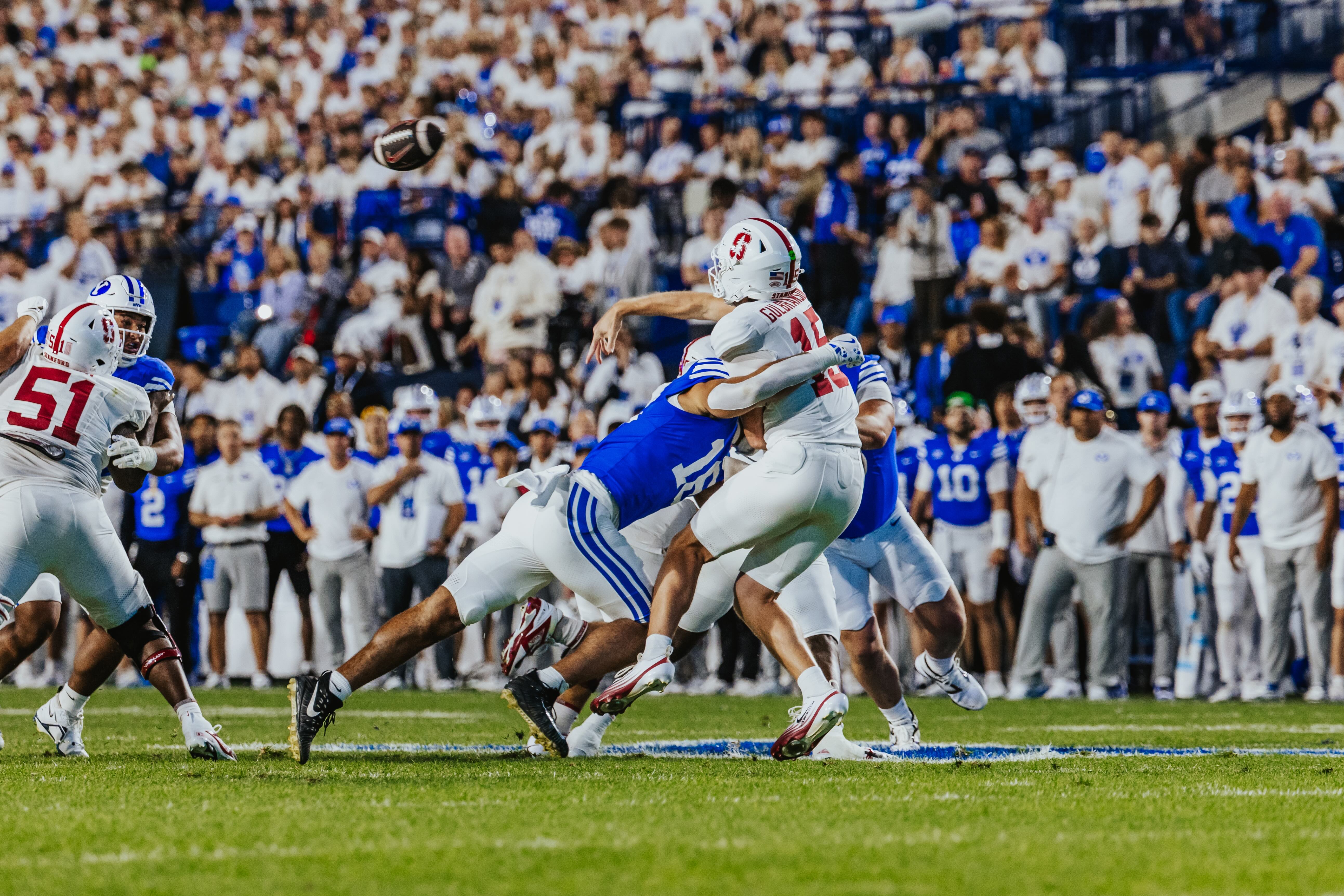 BYU linebacker Isaiah Glasker sacks Stanford quarterback Ben Gulbranson during the first half of an NCAA football game, Saturday, Sept. 6, 2025 at LaVell Edwards Stadium in Provo, Utah.