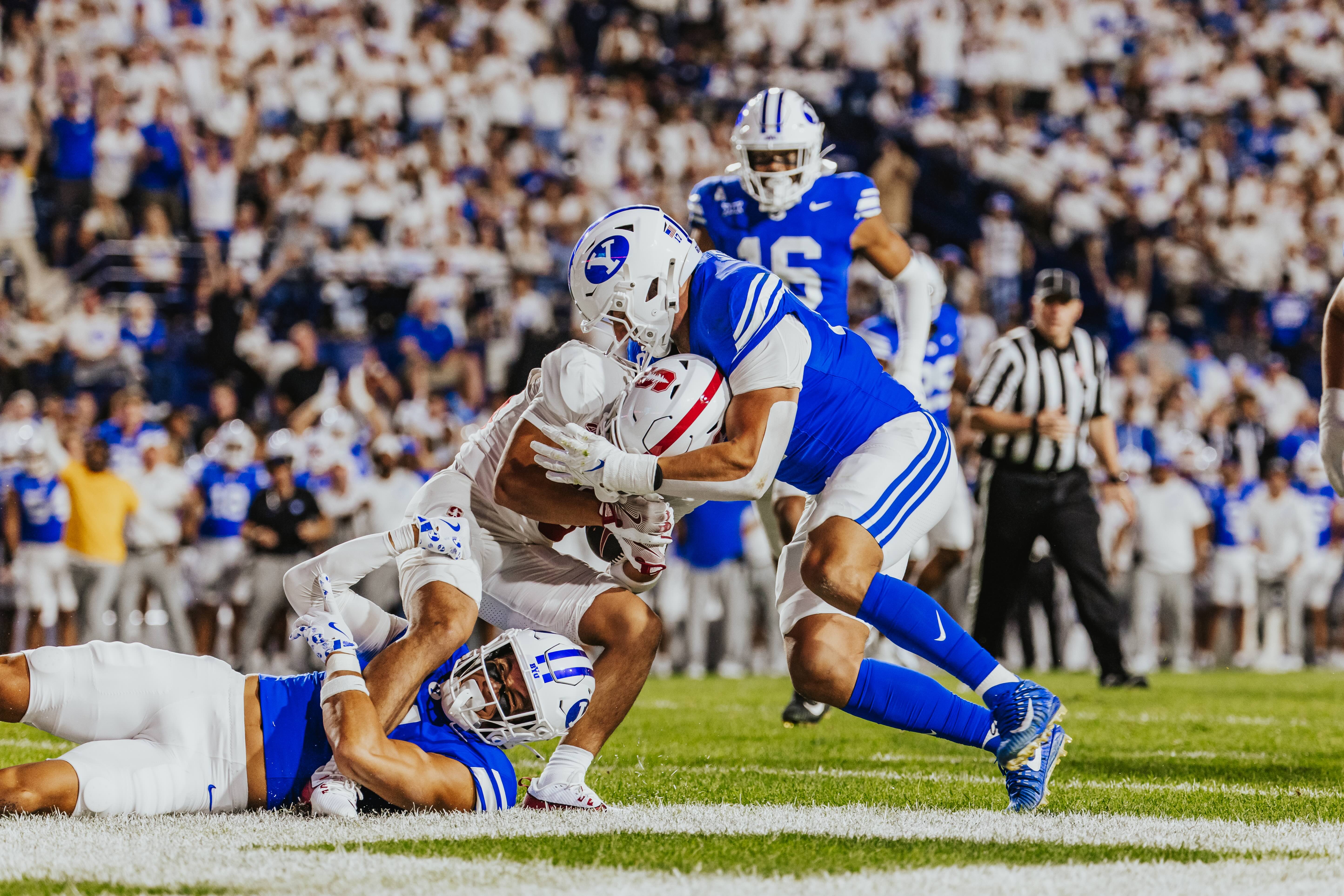 BYU safety Faletau Satuala and linebacker Jack Kelly combine for a sack and a safety during the first half of an NCAA football game, Saturday, Sept. 6, 2025 at LaVell Edwards Stadium in Provo, Utah.