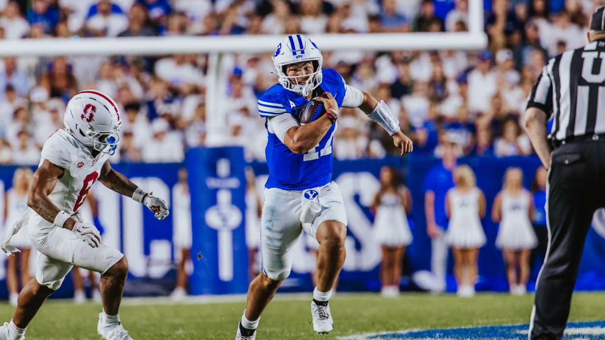 BYU quarterback Bear Bachmeier runs with the ball during the second half of an NCAA football game, Saturday, Sept. 6, 2025 at LaVell Edwards Stadium in Provo, Utah.