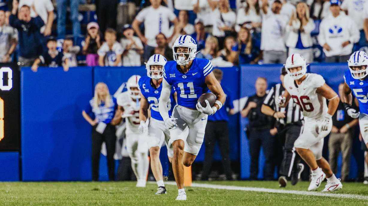 BYU safety Faletau Satuala returns an interception during the second half of an NCAA football game, Saturday, Sept. 6, 2025 at LaVell Edwards Stadium in Provo, Utah.