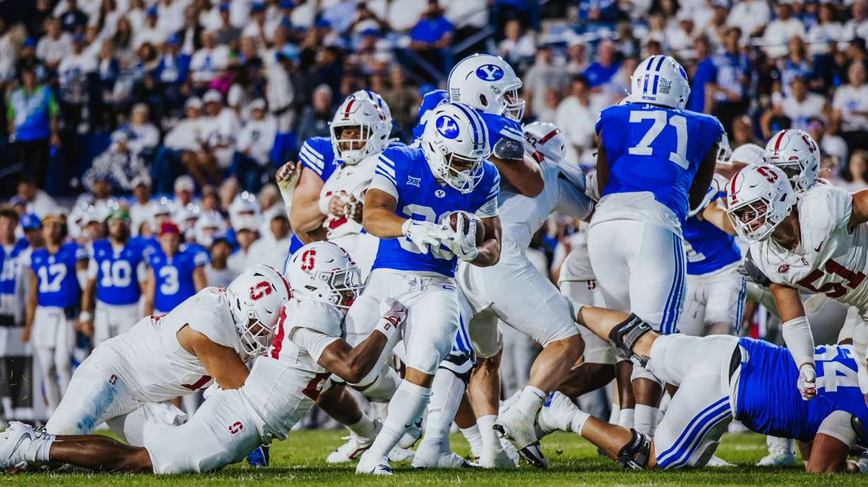 BYU running back Sione Moa runs for a touchdown during the second half of an NCAA football game, Saturday, Sept. 6, 2025 at LaVell Edwards Stadium in Provo, Utah.