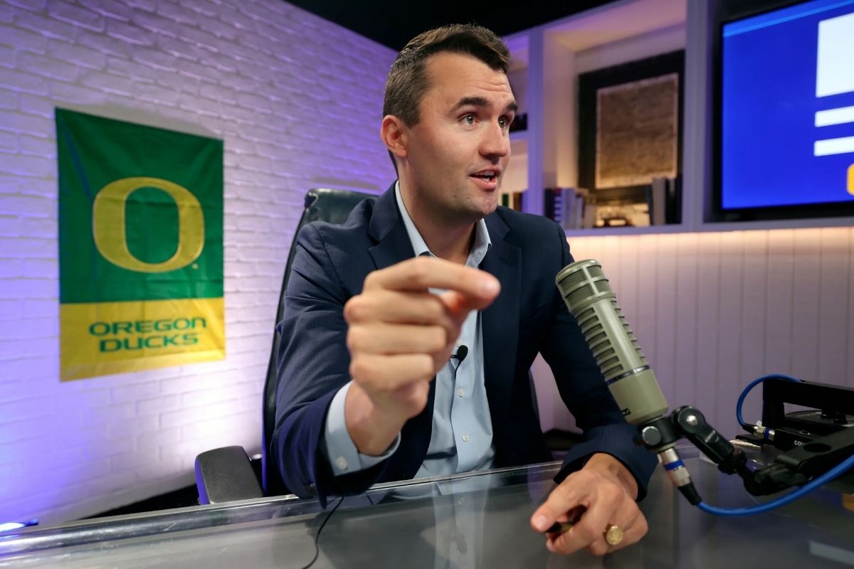 Charlie Kirk, Turning Point USA founder and president, answers interview questions on the set of "The Charlie Kirk Show" at Turning Point headquarters in Phoenix, Ariz., on Aug. 19. 