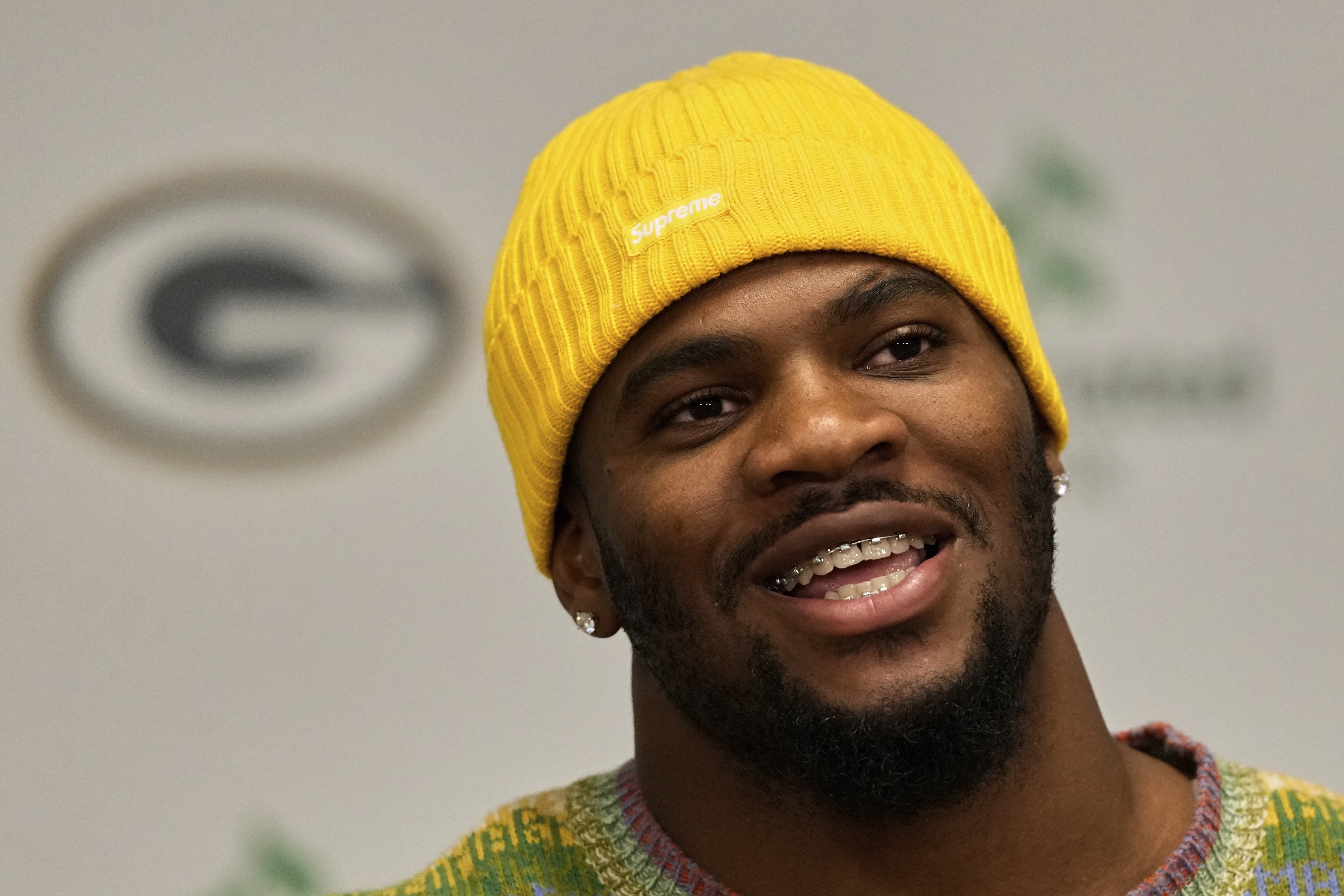 Green Bay Packers Micah Parsons speaks at his introductory news conference Friday, Aug. 29, 2025, in Green Bay, Wis. 