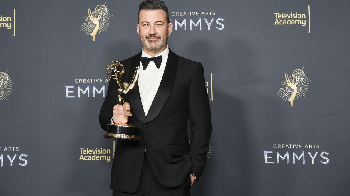 Jimmy Kimmel poses in the press room with the award for host for a game show for "Who Wants to Be a Millionaire" during night two of the Creative Arts Emmy Awards on Sunday, Sept. 7, 2025, at the Peacock Theater in Los Angeles.