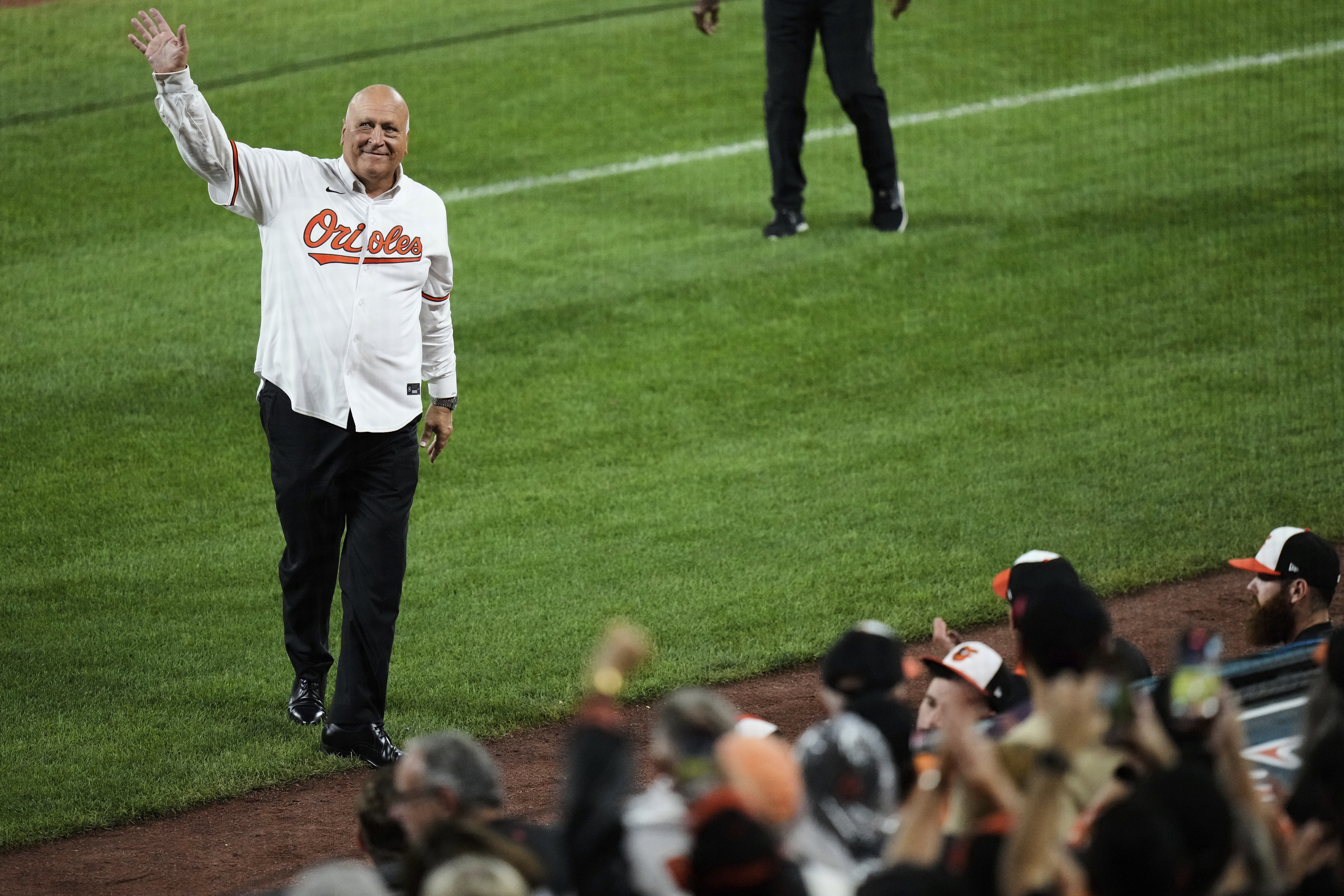 Former Baltimore Oriole Cal Ripken Jr. is honored on the anniversary of setting the record for most consecutive games played in the MLB during a baseball game between the Orioles and the Los Angeles Dodgers, Saturday, Sept. 6, 2025, in Baltimore. 