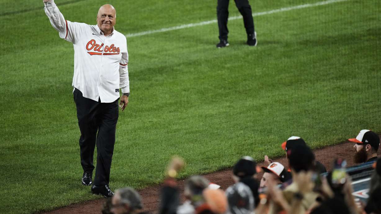 Former Baltimore Oriole Cal Ripken Jr. is honored on the anniversary of setting the record for most consecutive games played in the MLB during a baseball game between the Orioles and the Los Angeles Dodgers, Saturday, Sept. 6, 2025, in Baltimore.