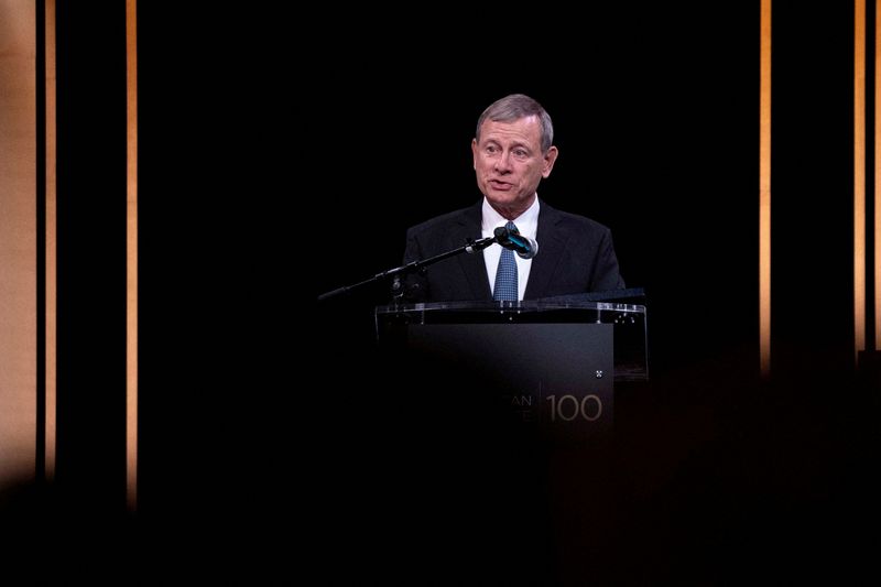Supreme Court Chief Justice John Roberts delivers remarks at The American Law Institute's 2023 Annual Dinner at the National Building Museum in Washington, May 23, 2023. Roberts argued on Wednesday that tariffs are solely imposed by Congress.