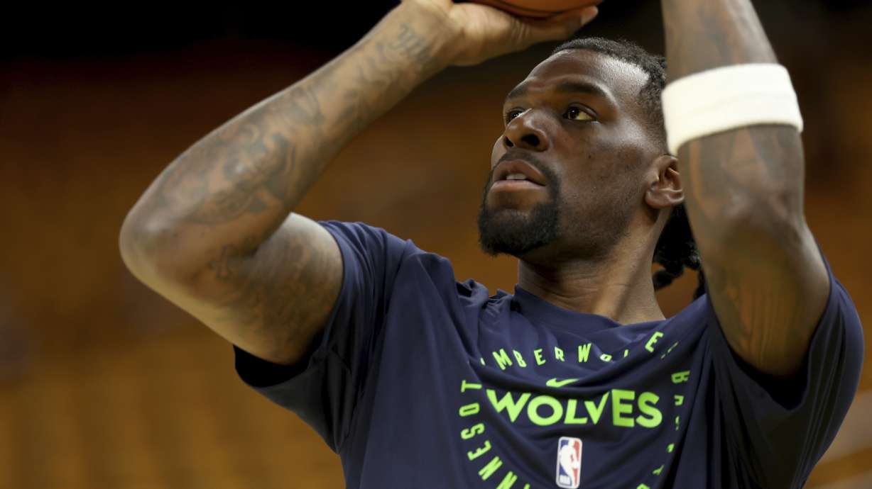 FILE - Minnesota Timberwolves center Naz Reid warms up prior to Game 4 in the Western Conference semifinals of the NBA basketball playoffs against the Golden State Warriors, Monday, May 12, 2025, in San Francisco.