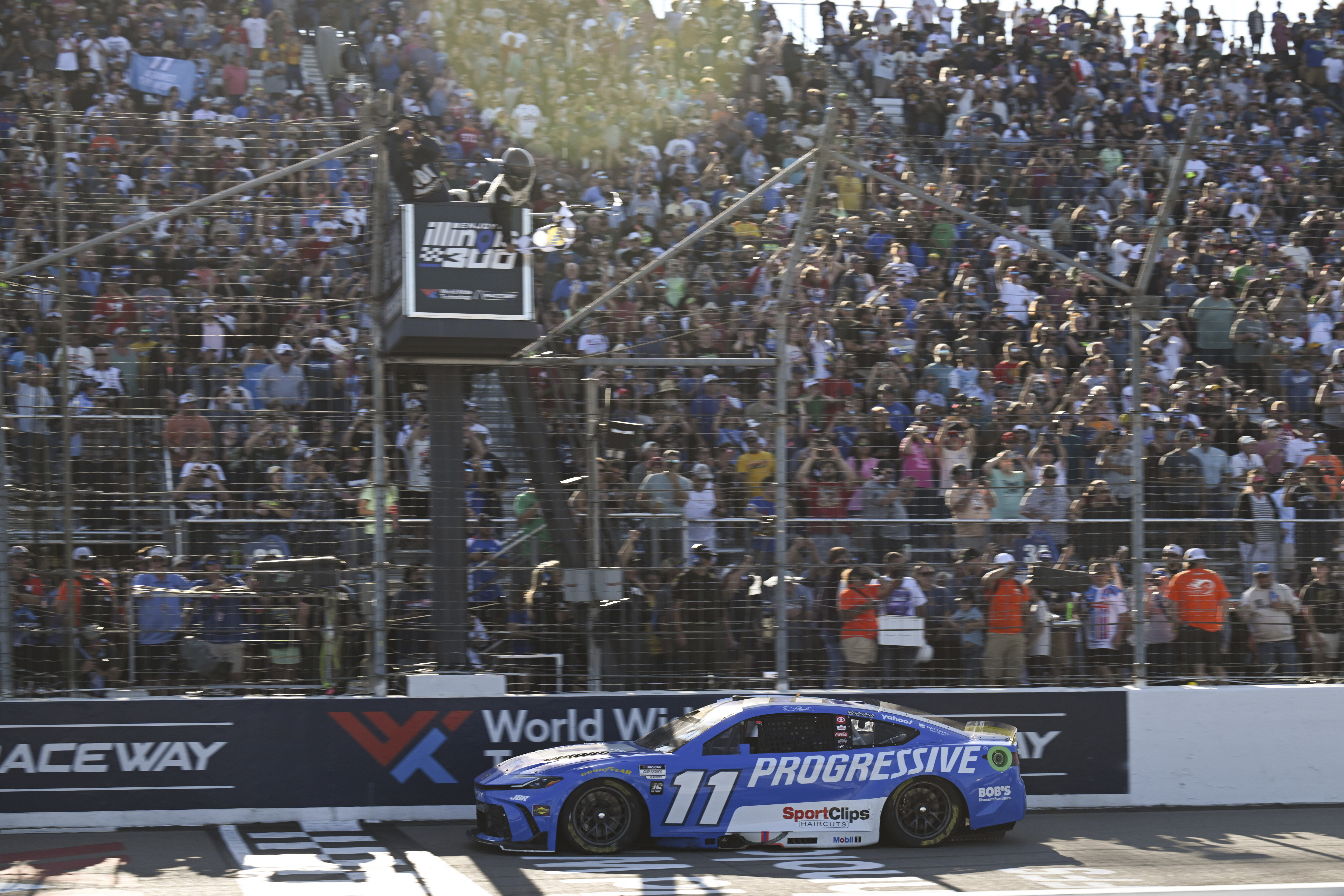 Denny Hamlin (11) wins a NASCAR Cup Series auto race at World Wide Technology Raceway, Sunday, Sept. 7, 2025, in Madison, Ill. 