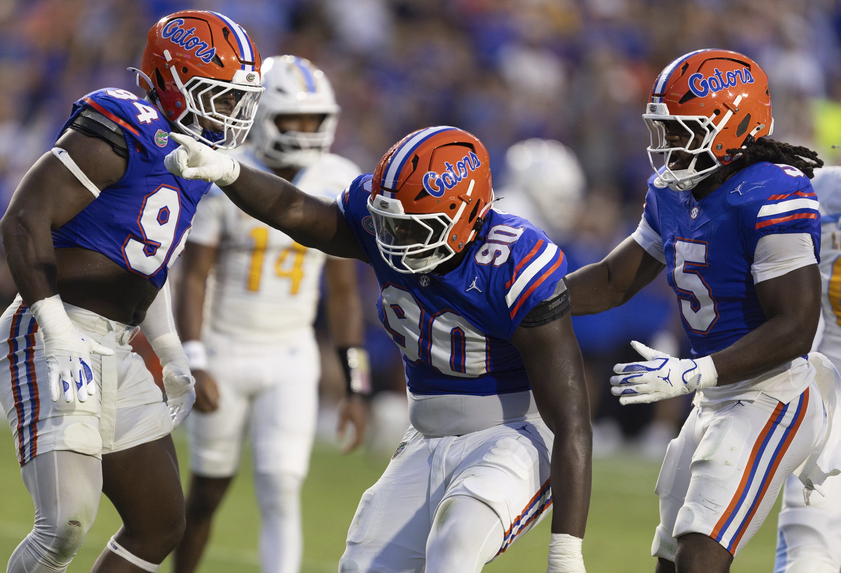 Florida defensive lineman Brendan Bett (90) celebrates a tackle against LIU Brooklyn during the first half of an NCAA college football game Saturday, Aug. 30, 2025, in Gainesville, Fla. 