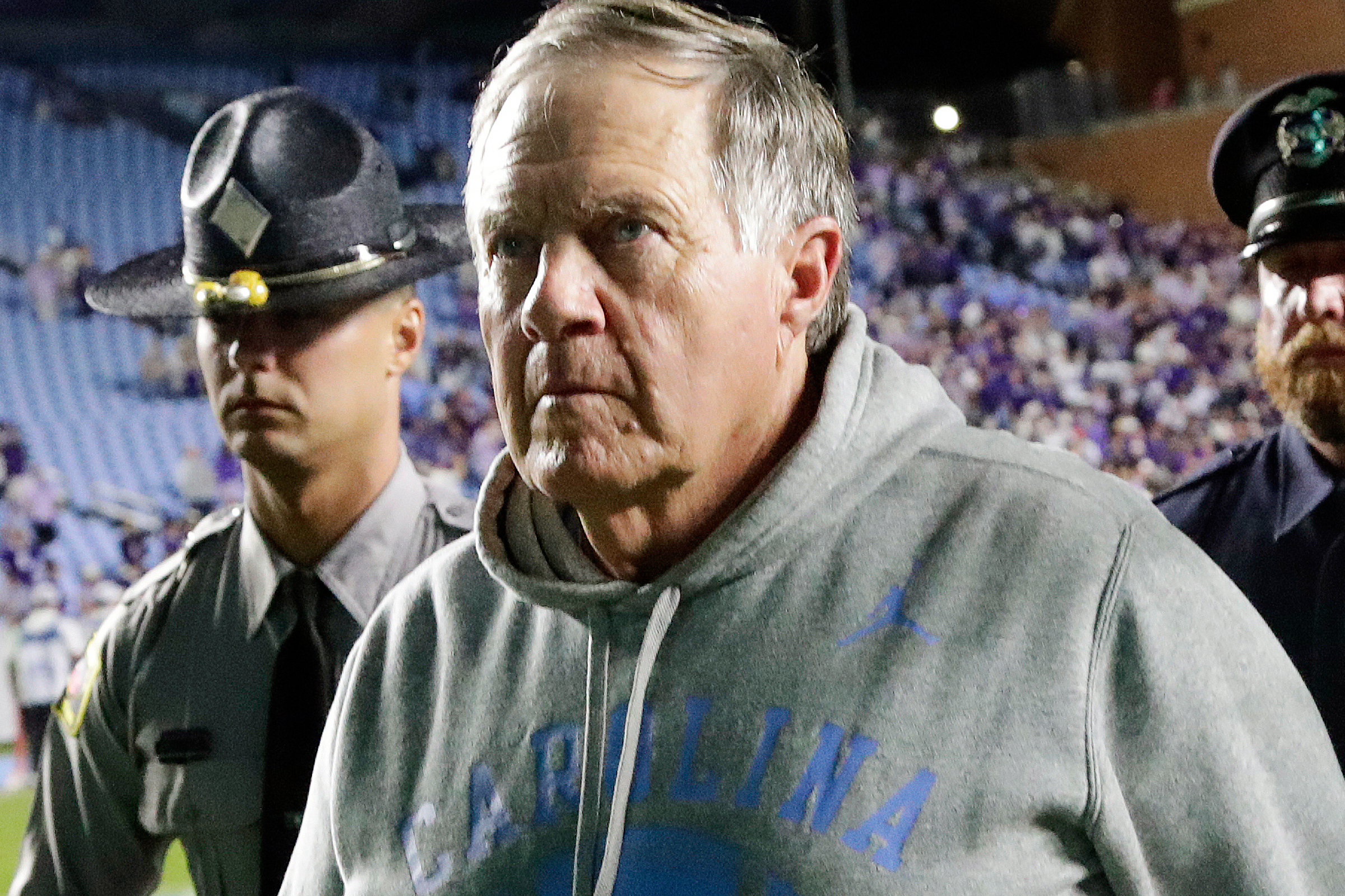 North Carolina head coach Bill Belichick walks off the field after the team fell to TCU in his debut as the univerity's new head coach at the end of an NCAA college football game Monday, Sept. 1, 2025, in Chapel Hill, N.C. 
