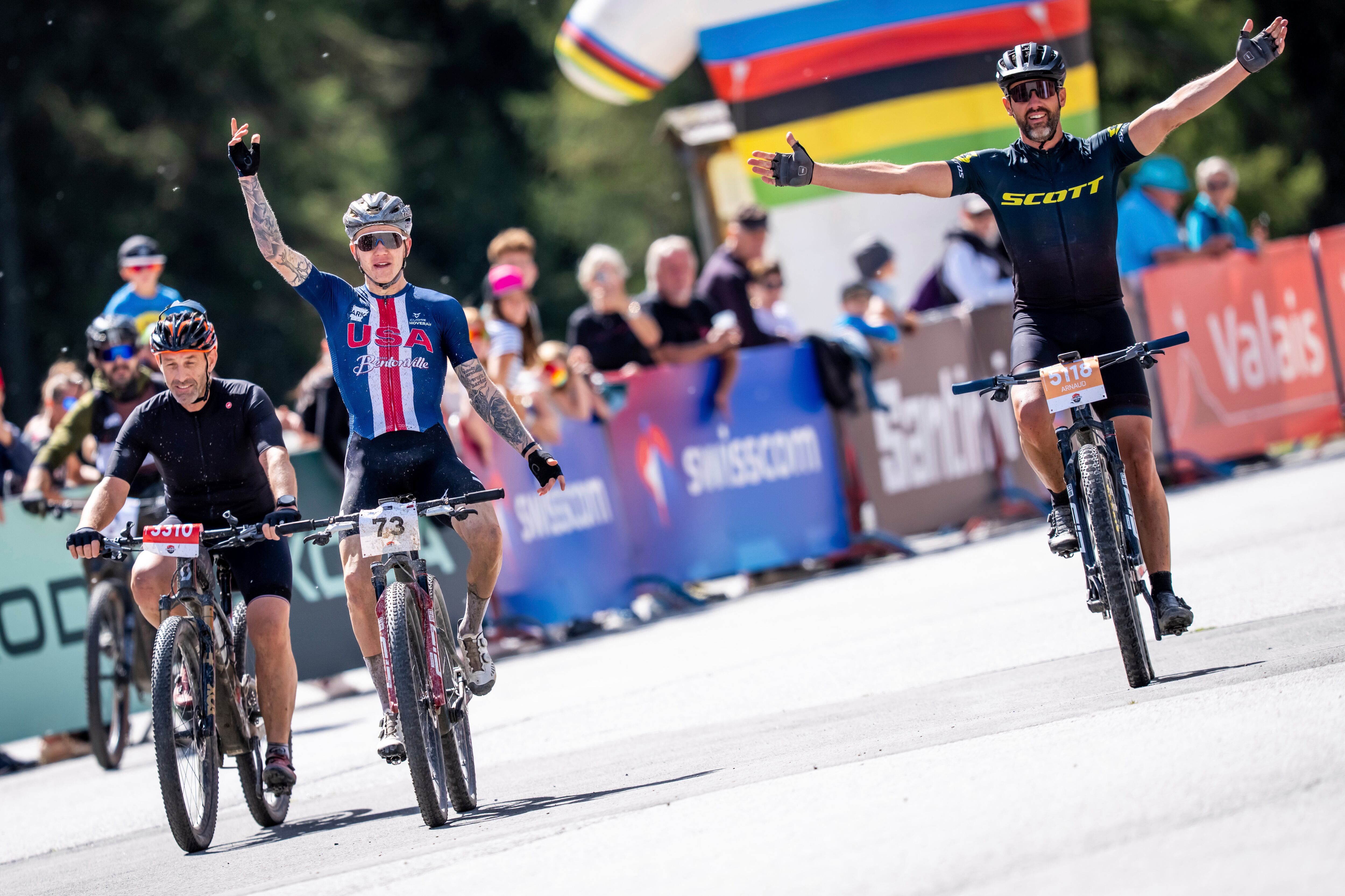 Keegan Swenson, front center, crosses the finish line at the MTB Marathon Mountain Bike World Championship in Grimentz, Switzerland, Sept. 6. Swenson, who lives in Midway, almost gave up the sport in the spring.