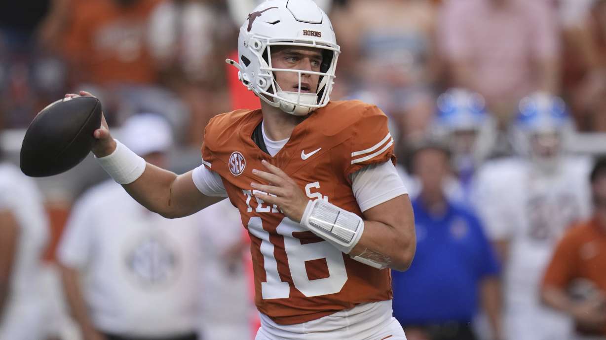 Texas quarterback Arch Manning (16) throws against San Jose State during the first half of an NCAA college football game in Austin, Texas, Saturday, Sept. 6, 2025.