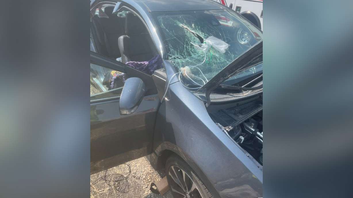 An 18-year-old woman was injured Monday when a piece of rebar came through the windshield of a vehicle she was traveling in on U.S. 189 near Deer Creek Reservoir.