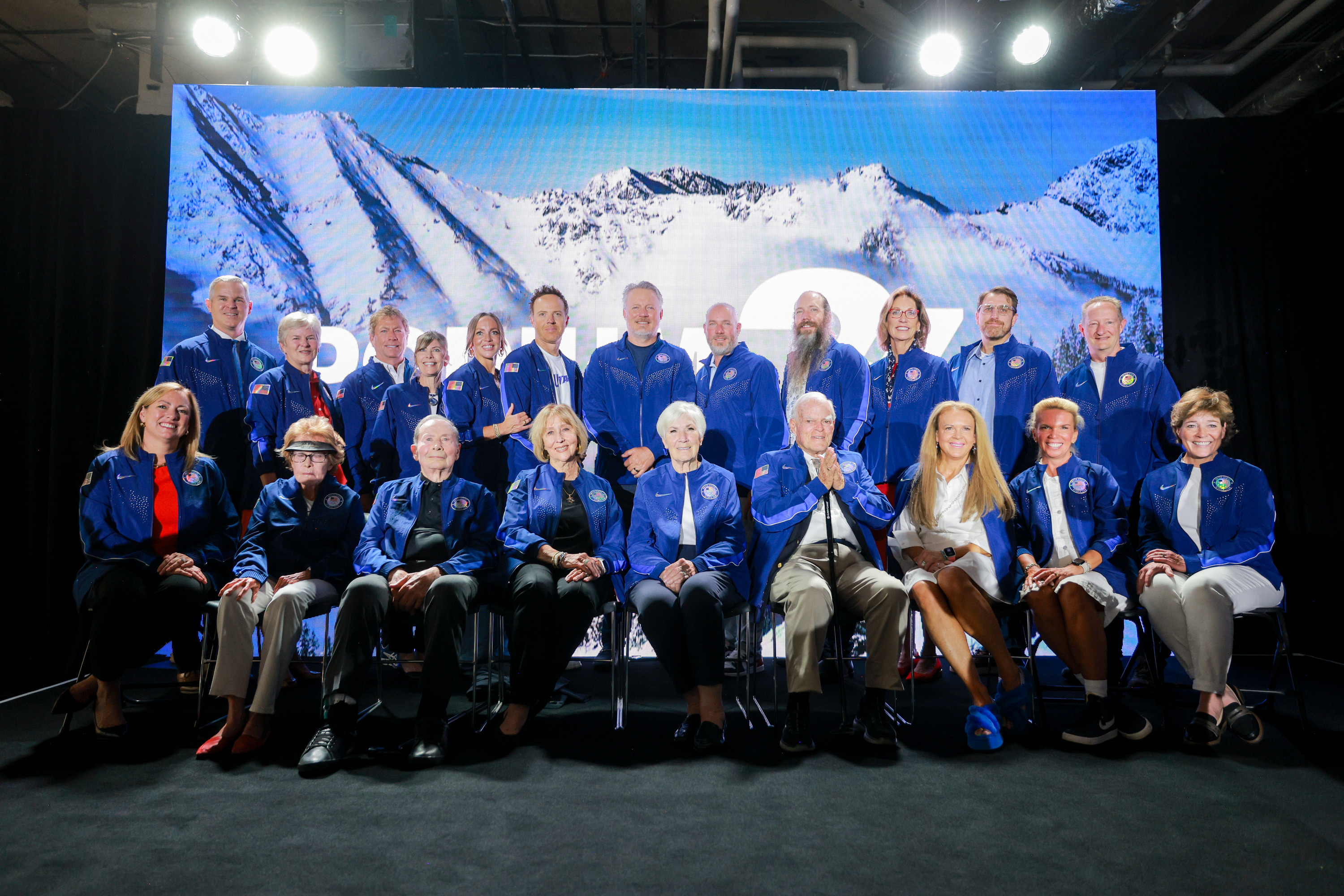 The “Founding Captains” of Utah’s second Olympics pose for a photo after the Podium34 press conference at the City Centre Building in Salt Lake City on Monday. It was announced that over $200 million dollars have been pledged for the 2034 Games.