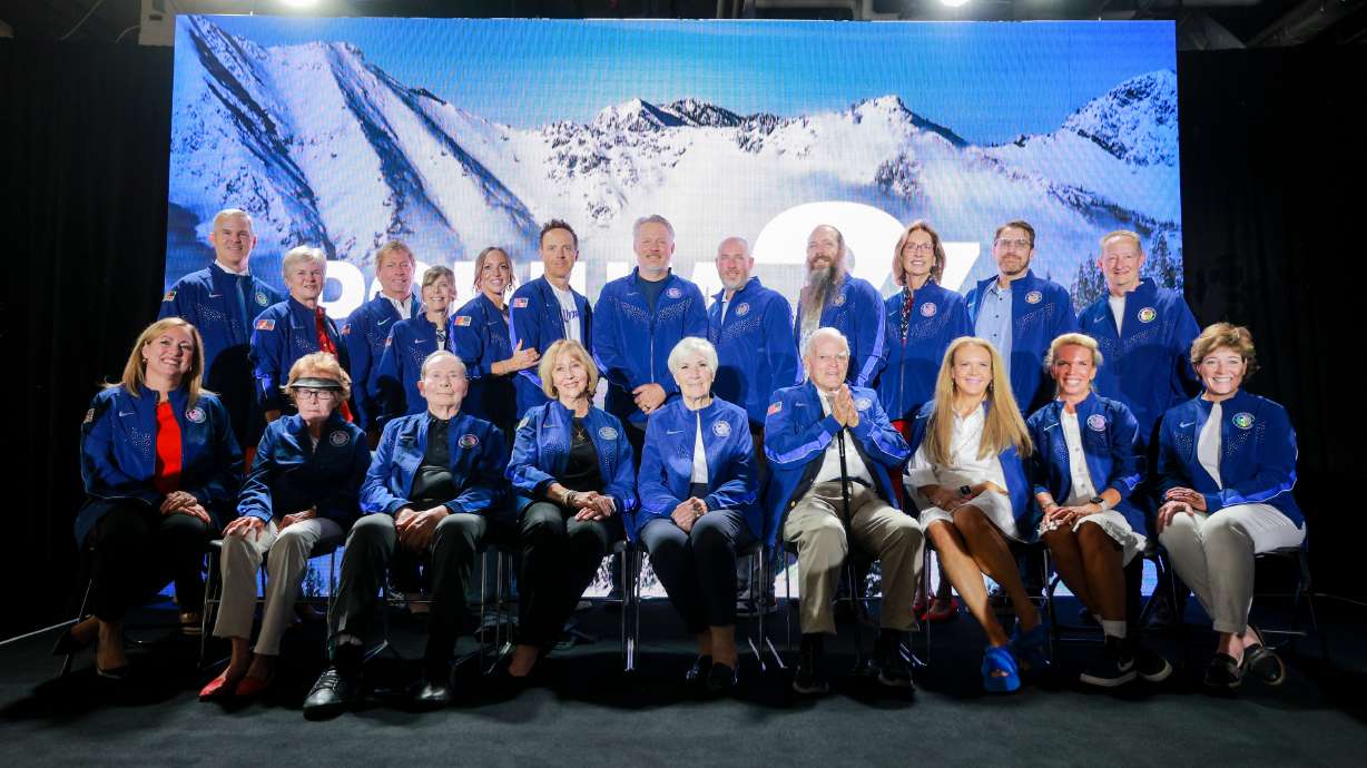 The “Founding Captains” of Utah’s second Olympics pose for a photo after the Podium34 press conference at the City Centre Building in Salt Lake City on Monday. It was announced that over $200 million dollars have been pledged for the 2034 Games.
