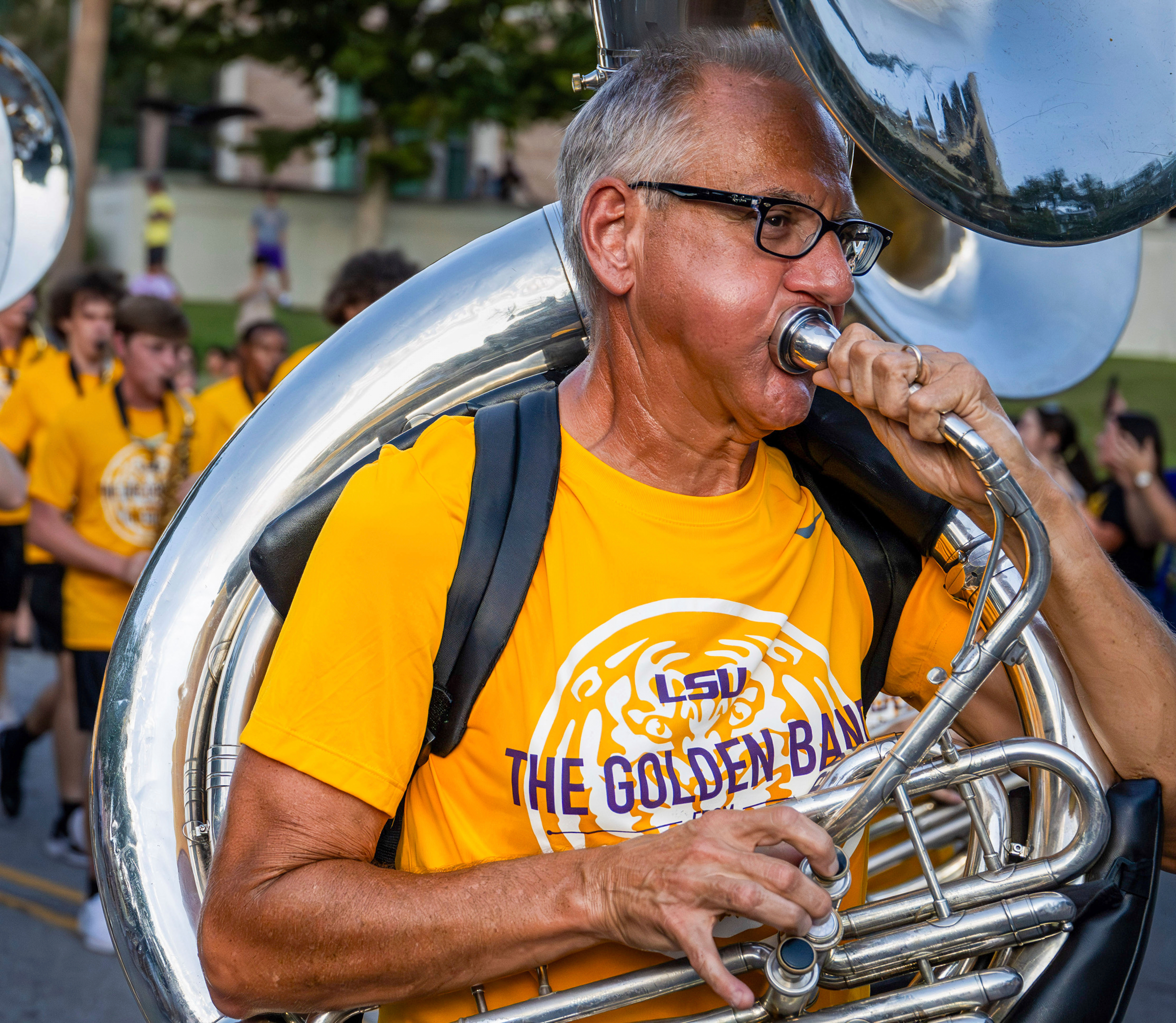 Kent Broussard performs with The Golden Band from Tigerland as they head down Victory Hill for a final run-through before the start of the season Sunday, August 24, 2025 in Baton Rouge, La. 