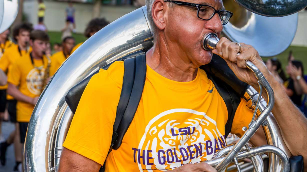 Kent Broussard performs with The Golden Band from Tigerland as they head down Victory Hill for a final run-through before the start of the season Sunday, August 24, 2025 in Baton Rouge, La.