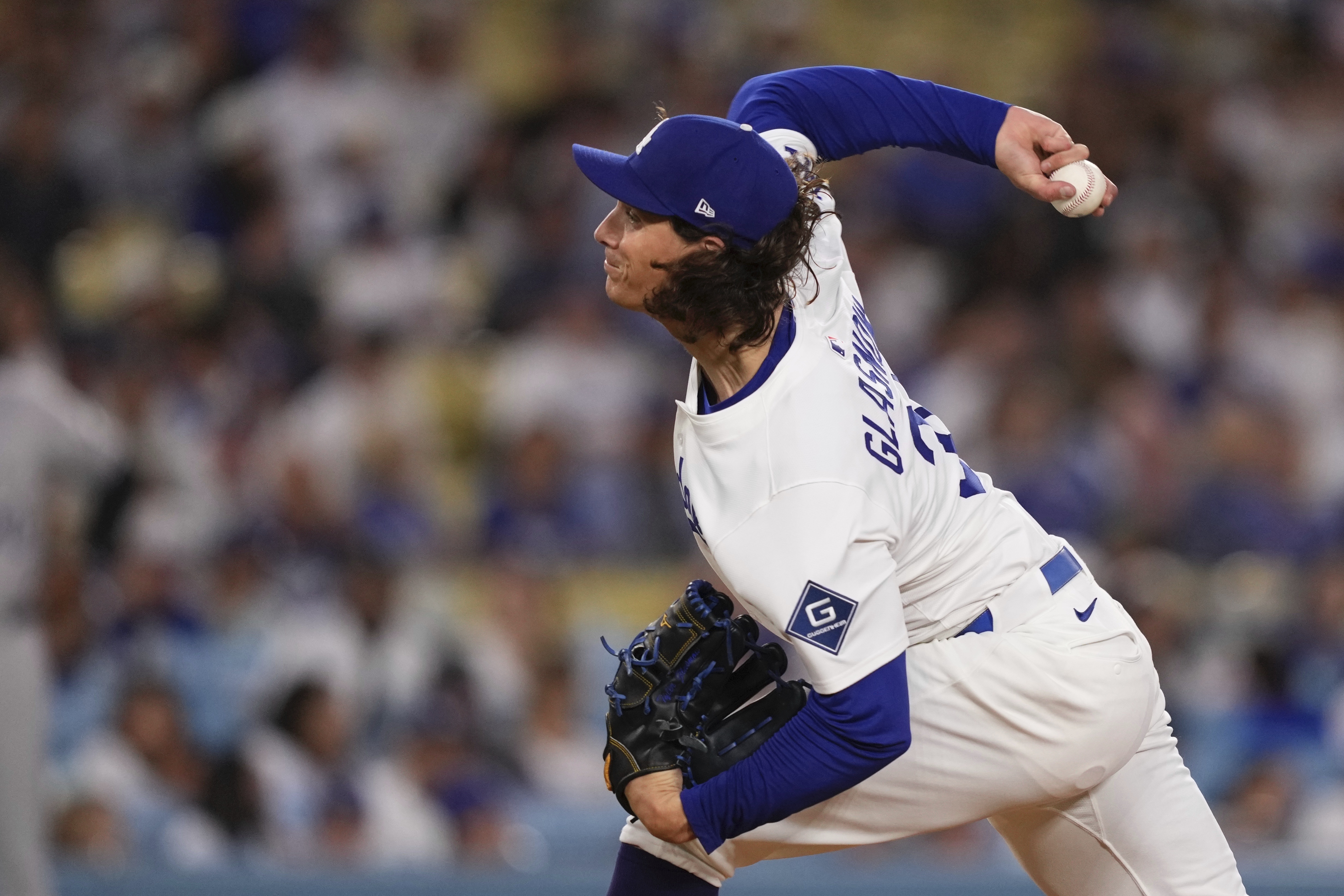 Los Angeles Dodgers starting pitcher Tyler Glasnow throws to the plate during the first inning of a baseball game against the Colorado Rockies, Monday, Sept. 8, 2025, in Los Angeles. 